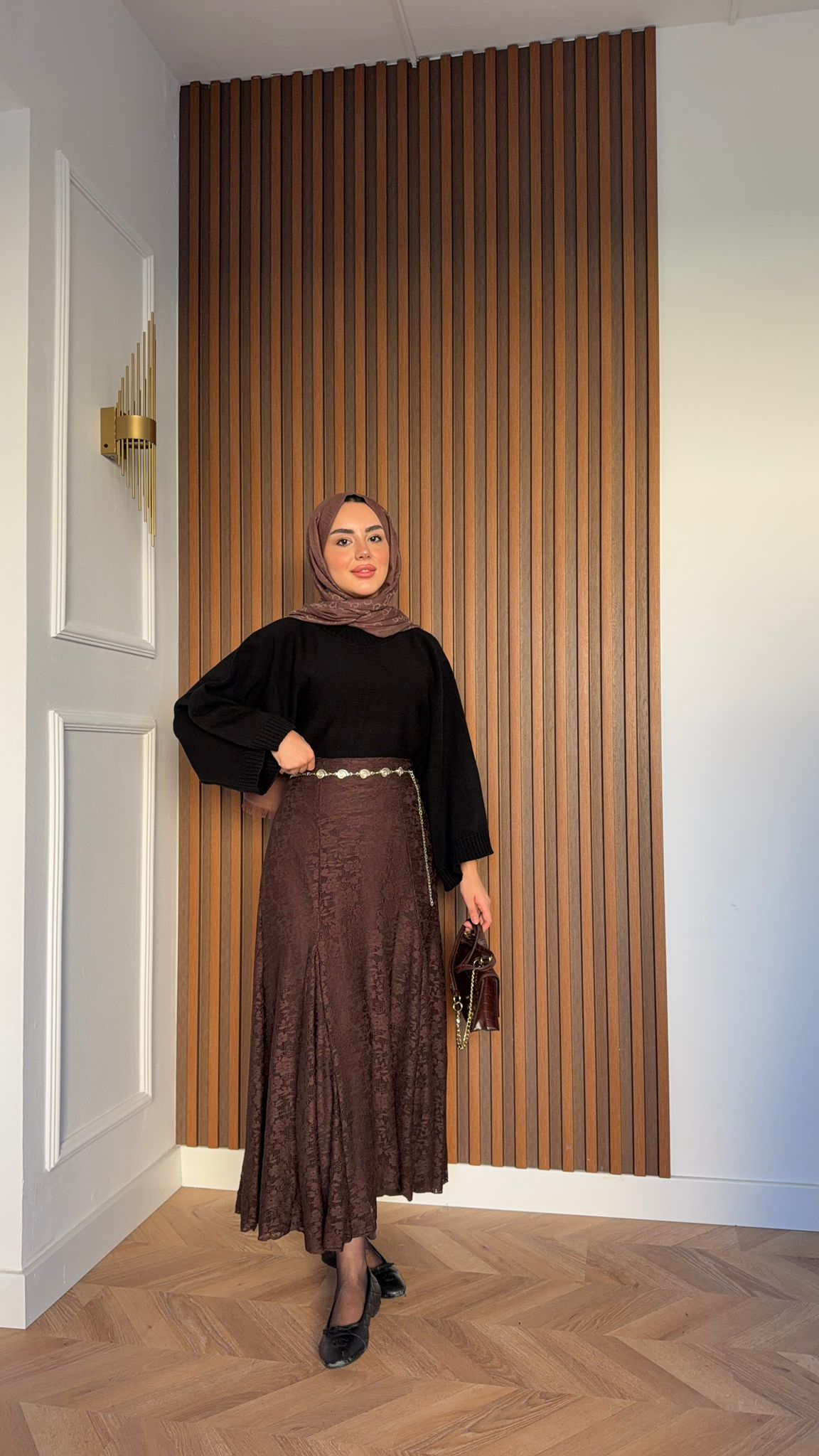 MEYSADESIGN SKIRTS Kemerli Güpürlü Dantel Etek Acı Kahve