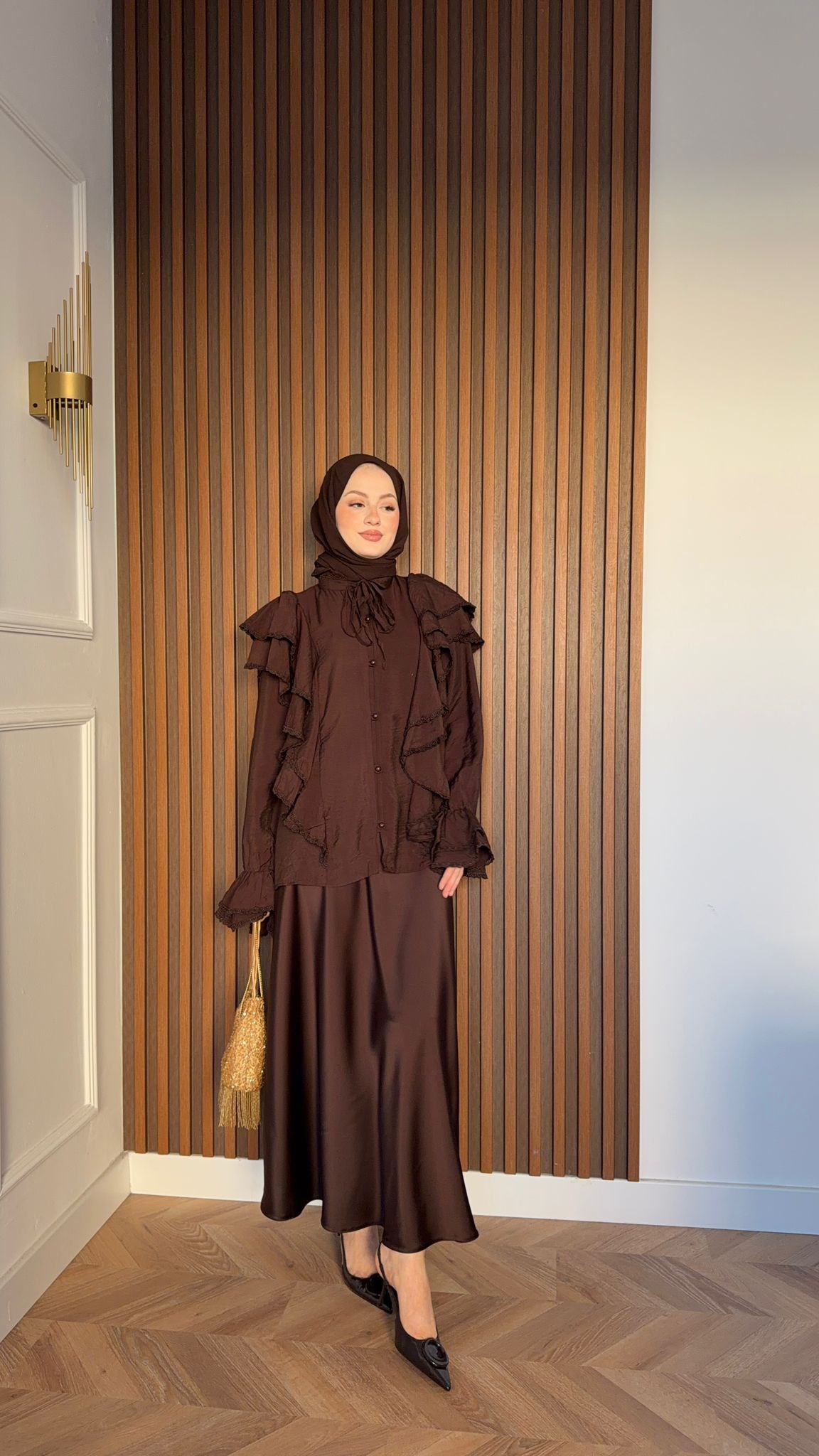MEYSADESIGN SKIRTS Rami Saten Kalem Etek Acı Kahve