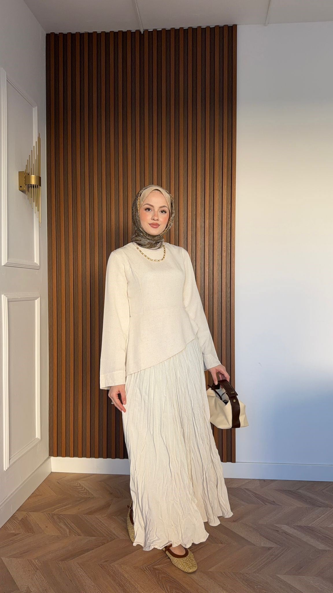 MEYSADESIGN SKIRT SETS Asimetrik Keten Etekli Takım Bej