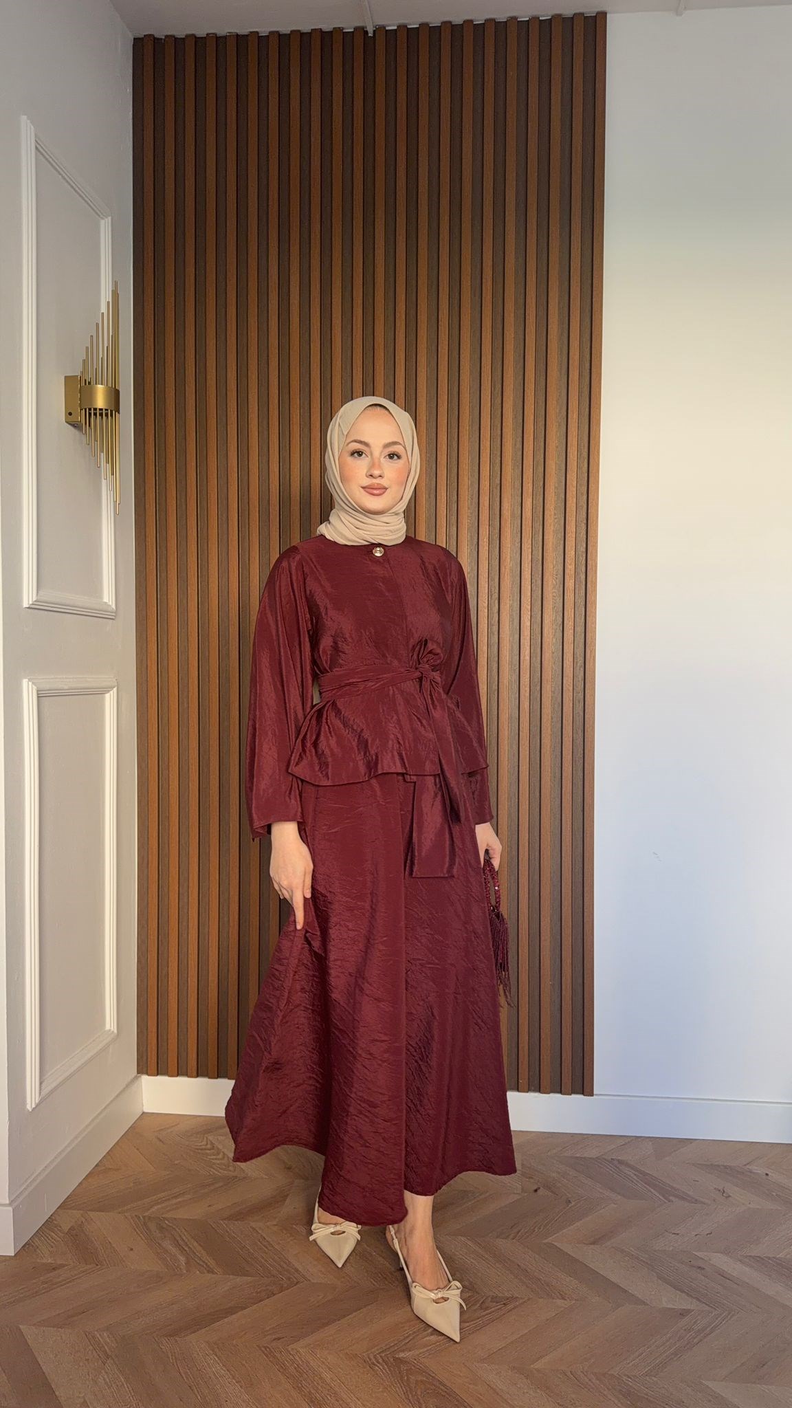 MEYSADESIGN SKIRT SETS Bağlamalı Cupra Kraş Eekli Takım Bordo