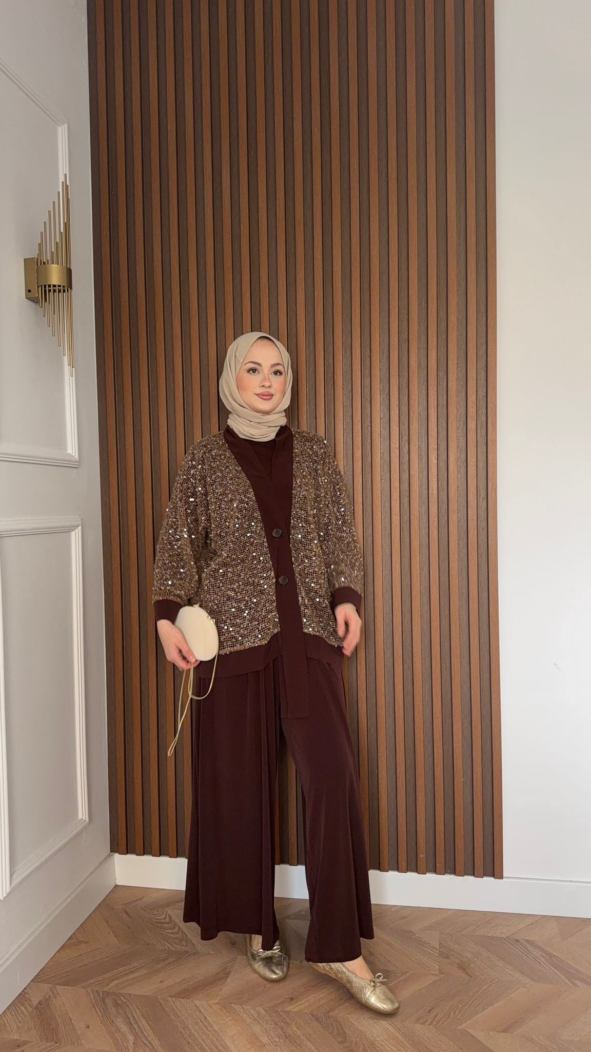 MEYSADESIGN SKIRT SETS Becca Payetli Sandy Üçlü Takım Acı Kahve