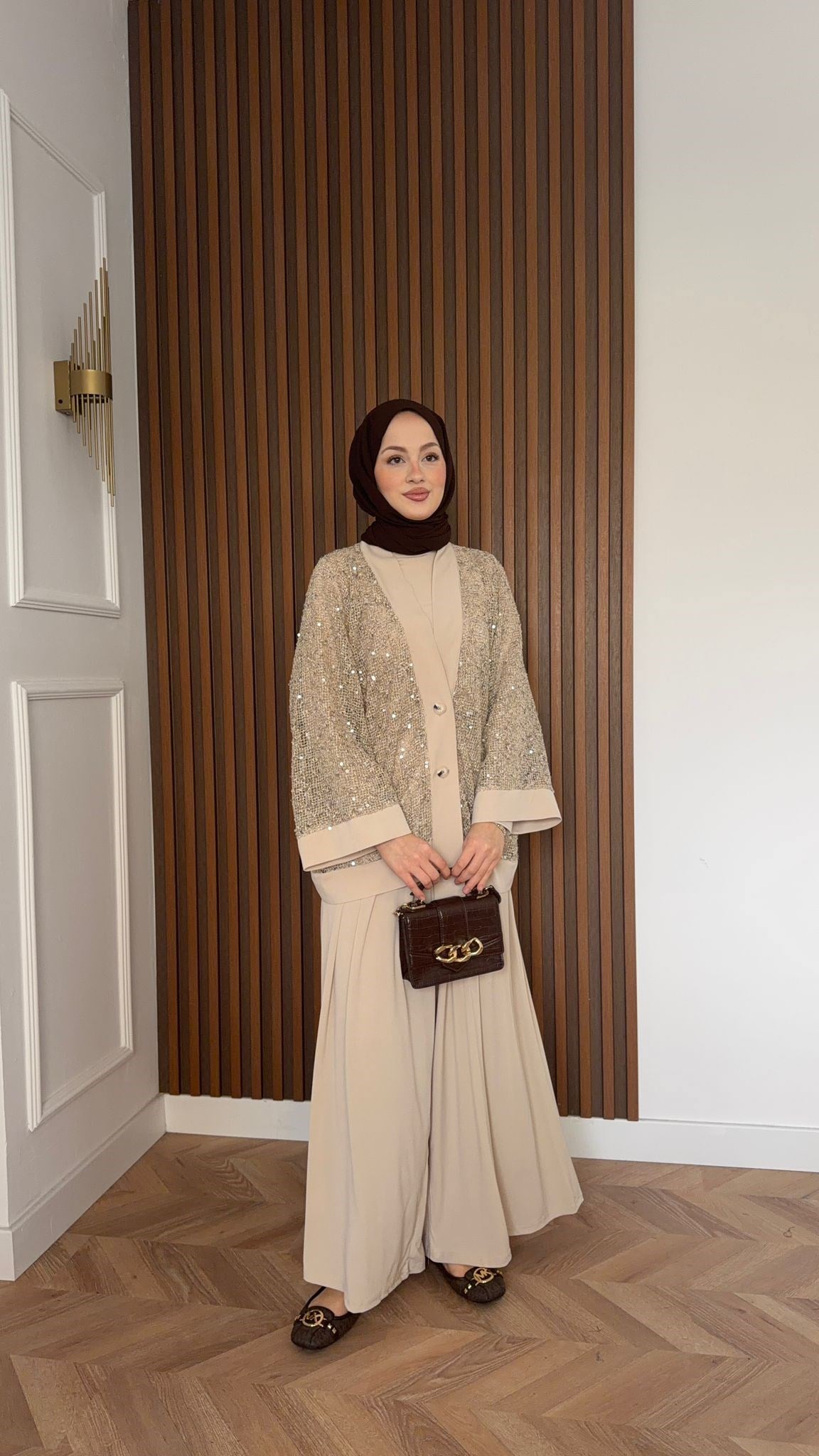 MEYSADESIGN SKIRT SETS Becca Payetli Sandy Üçlü Takım Bej