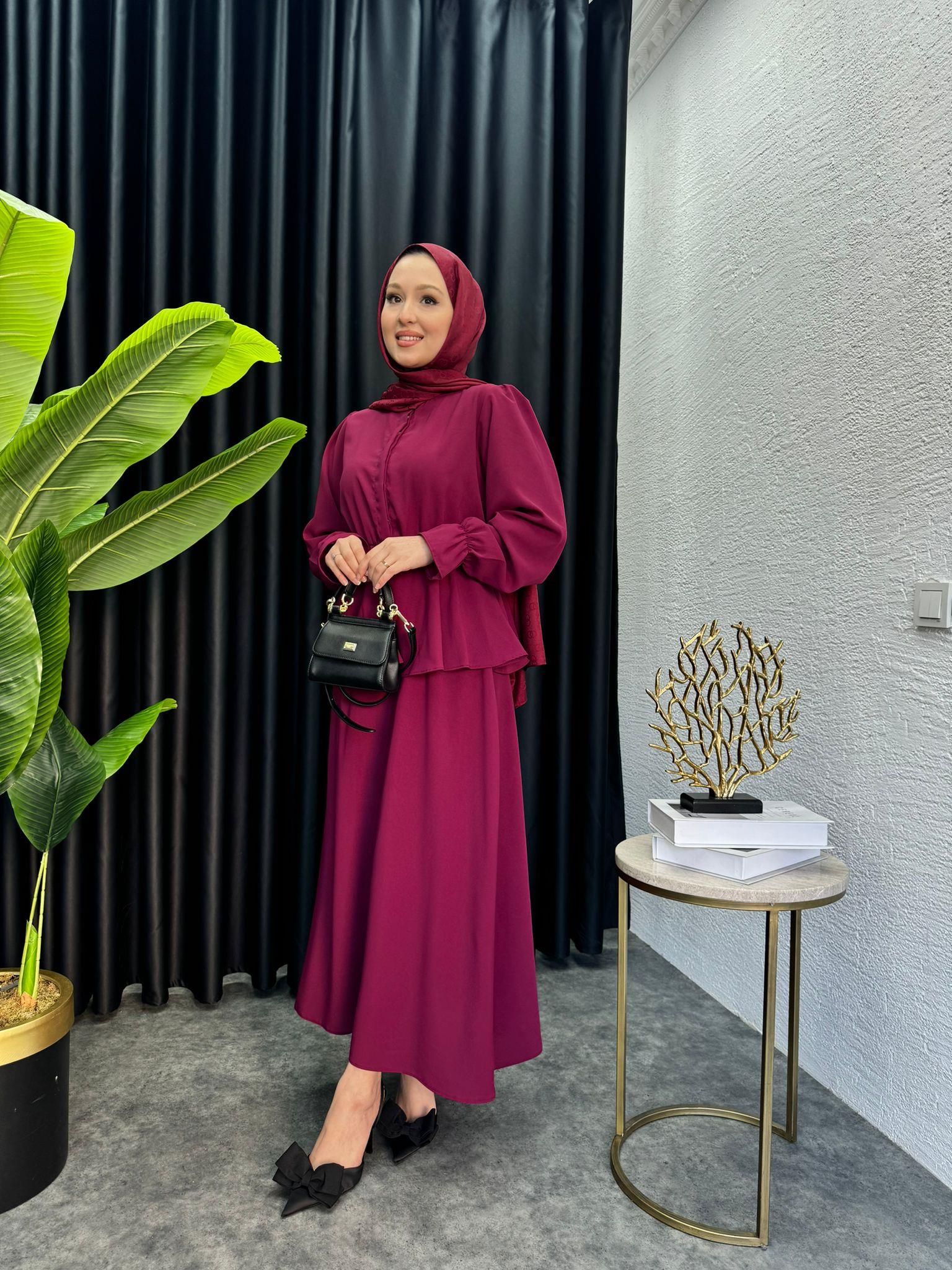 Waist-Tie Dress Shirred Crepe Skirt Set Burgundy