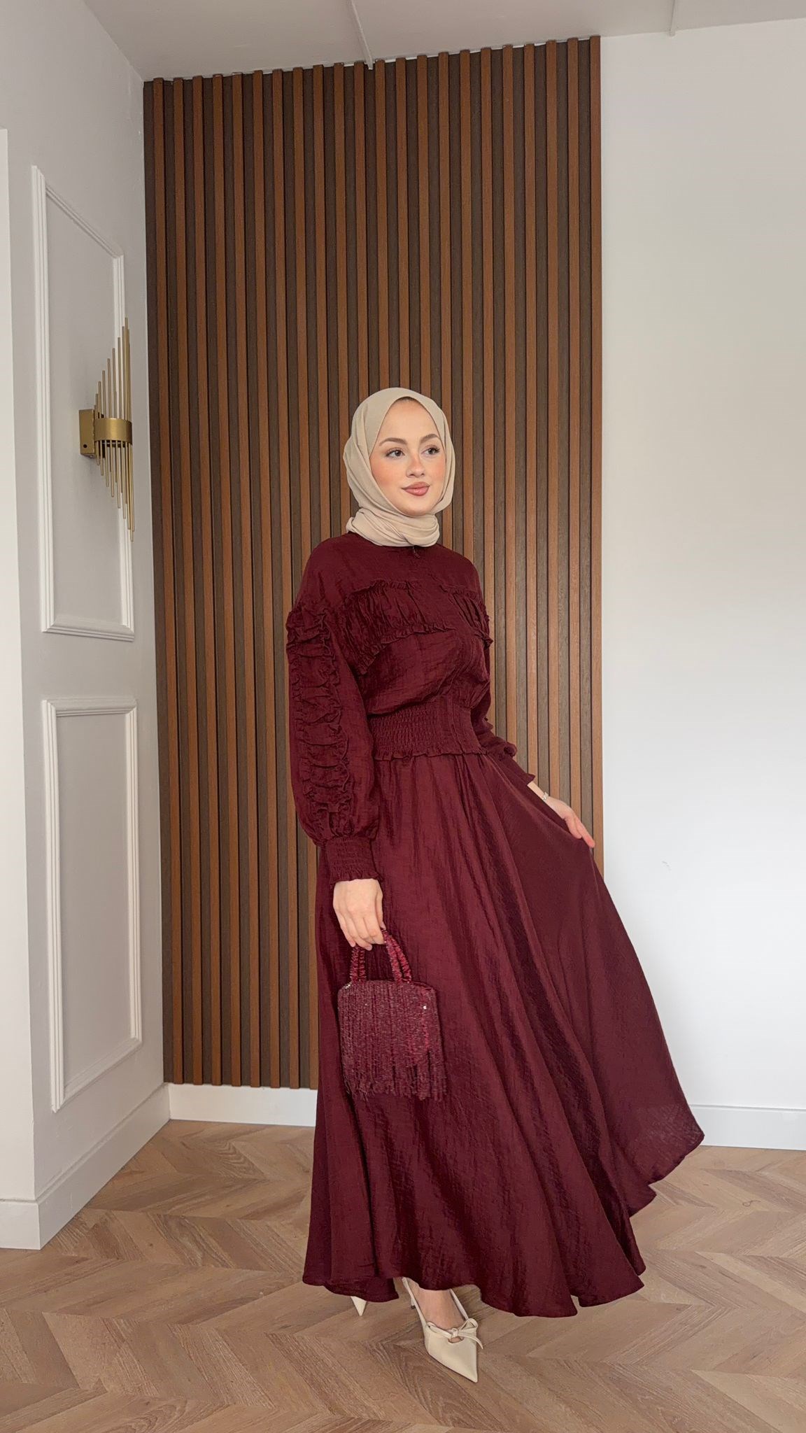 MEYSADESIGN SKIRT SETS Beli Büzgülü Tensel Etekli Takım Bordo