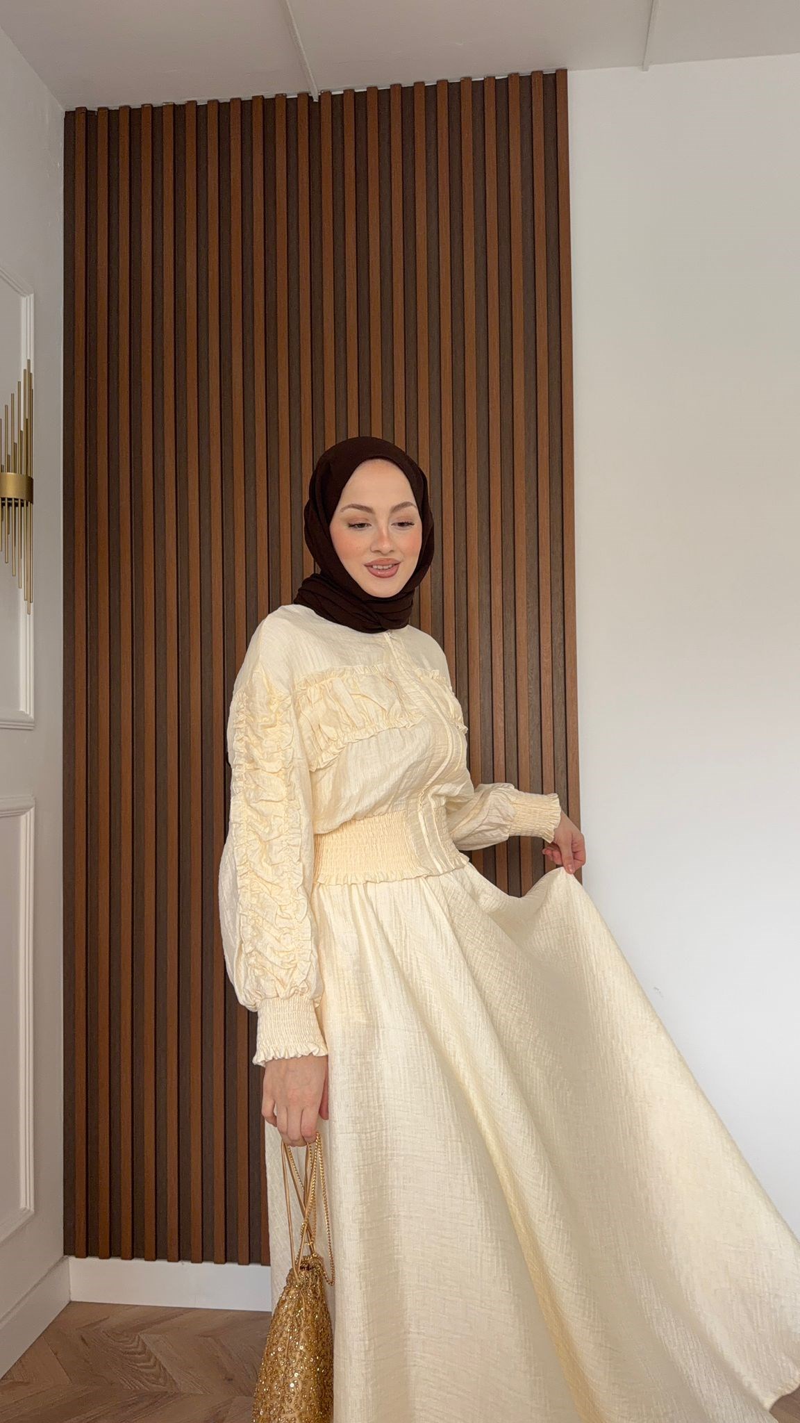 MEYSADESIGN SKIRT SETS Beli Büzgülü Tensel Etekli Takım Bej