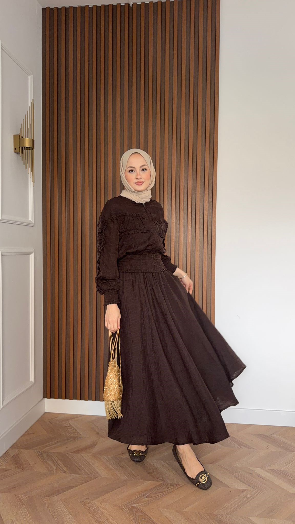 MEYSADESIGN SKIRT SETS Beli Büzgülü Tensel Etekli Takım Acı Kahve