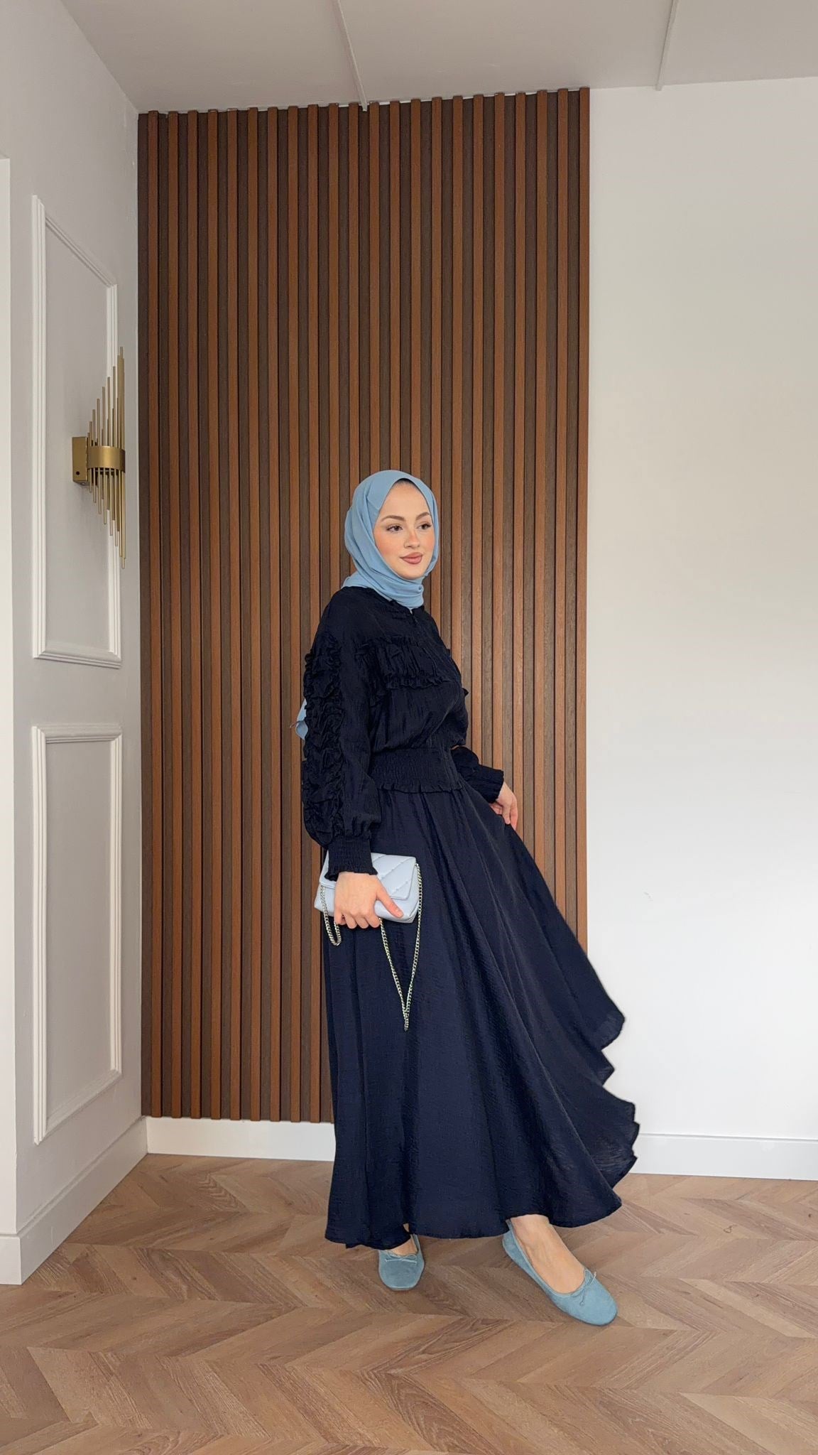 MEYSADESIGN SKIRT SETS Beli Büzgülü Tensel Etekli Takım Lacivert