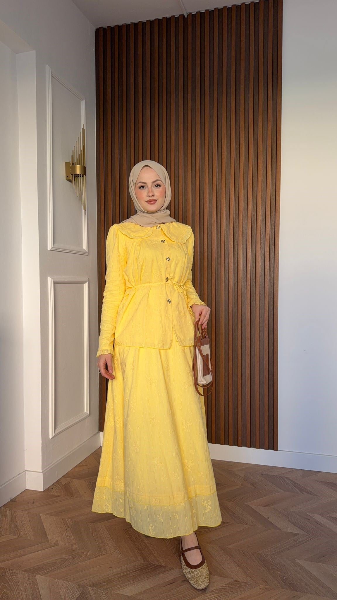 MEYSADESIGN SKIRT SETS Eloise Dantelli Yakalı Etekli Takım Sarı