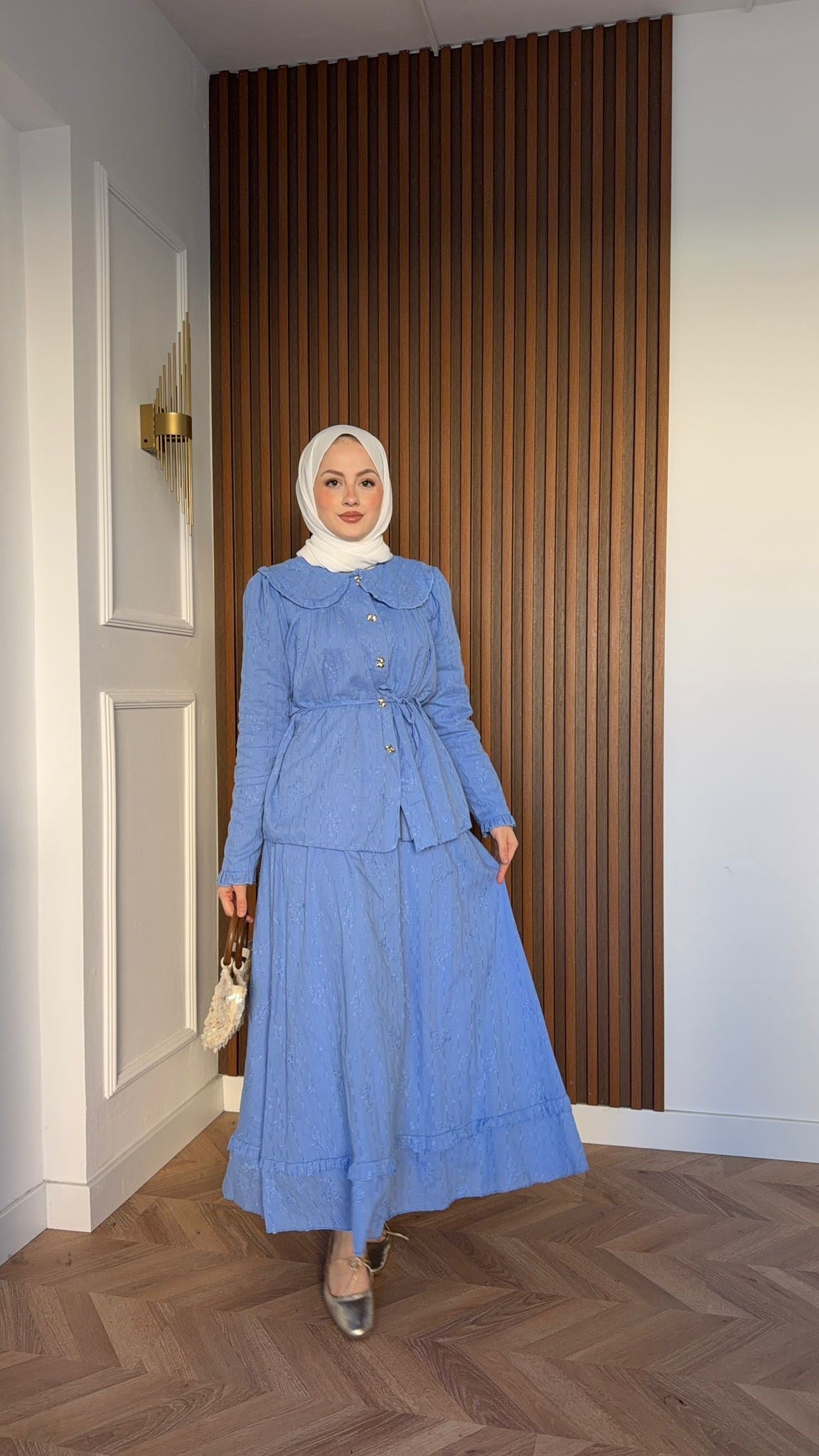 MEYSADESIGN SKIRT SETS Eloise Dantelli Yakalı Etekli Takım Mavi