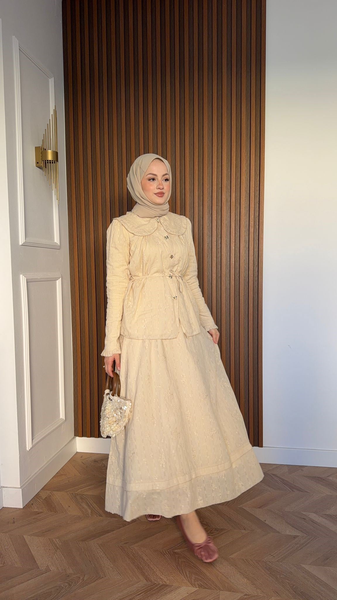 MEYSADESIGN SKIRT SETS Eloise Dantelli Yakalı Etekli Takım Bej