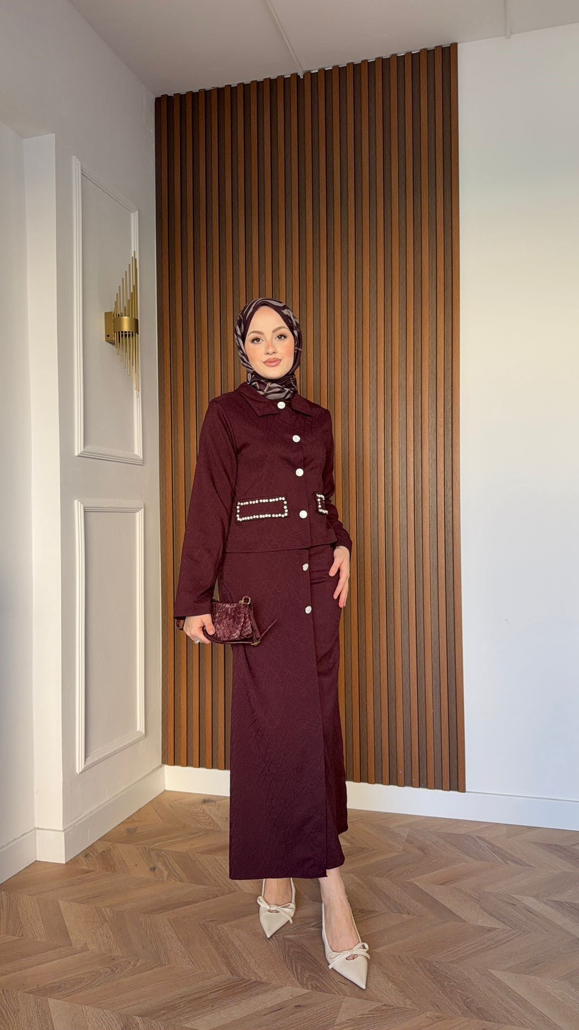 MEYSADESIGN SKIRT SETS İnci İşlemeli Kalem Etekli Takım Bordo
