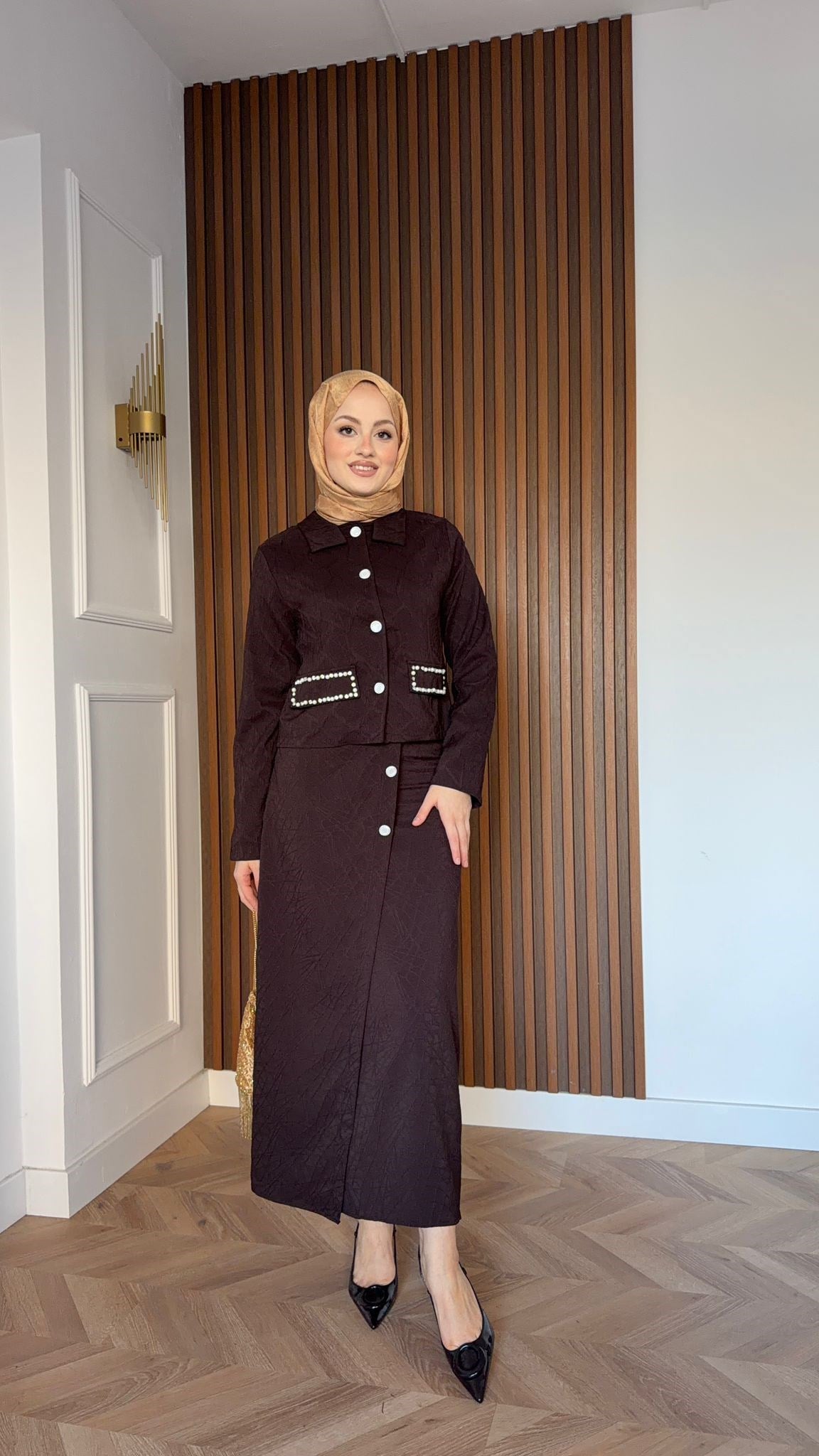 MEYSADESIGN SKIRT SETS İnci İşlemeli Kalem Etekli Takım Acı Kahve