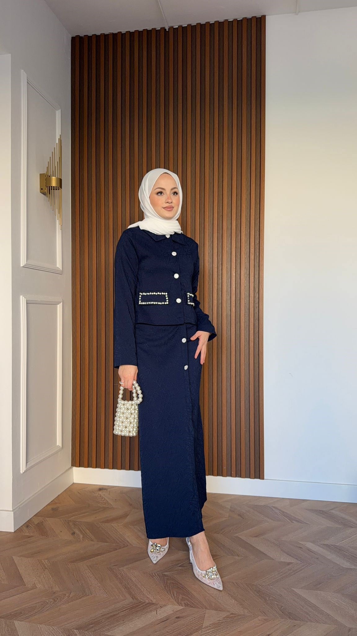 MEYSADESIGN SKIRT SETS İnci İşlemeli Kalem Etekli Takım Lacivert