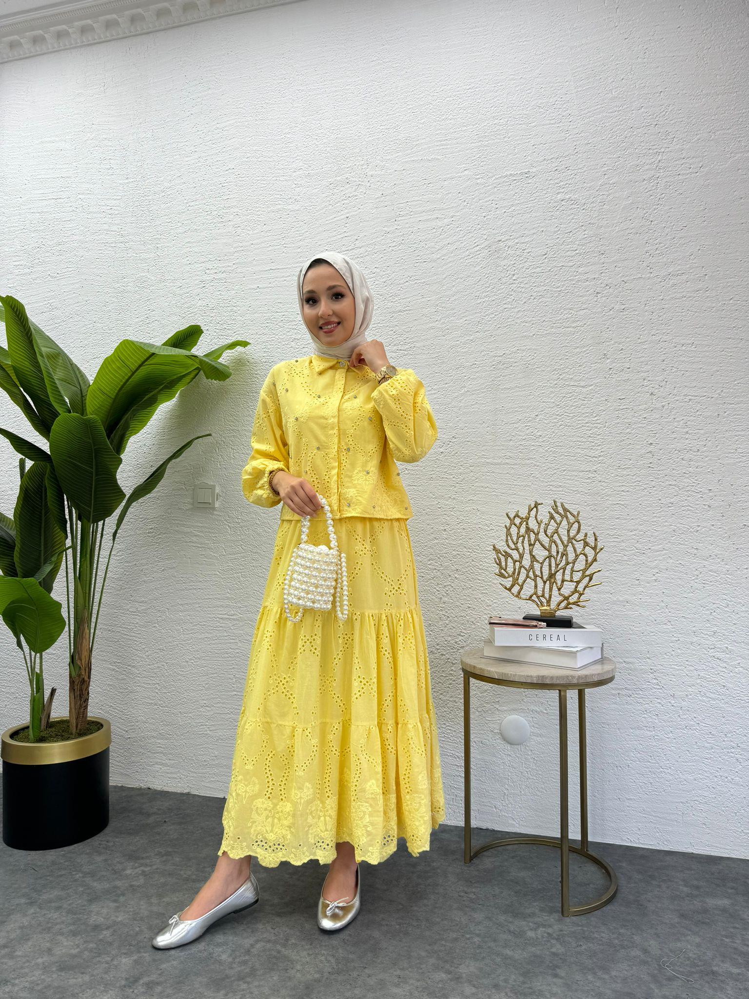 MEYSADESIGN ETEK TAKIM İşlemeli Fisto Etekli Takım Sarı
