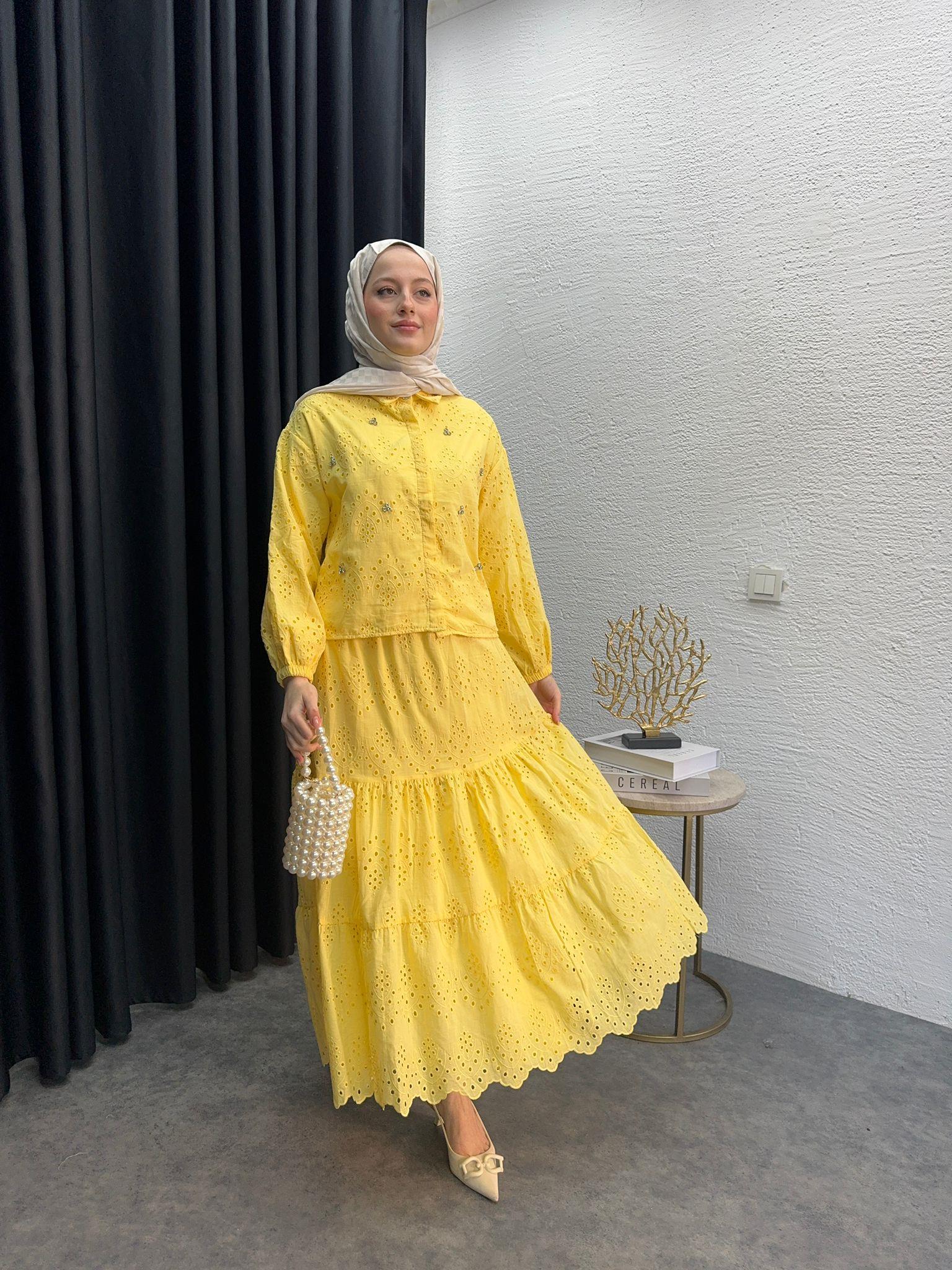 Embroidered Eyelet Skirt Set Yellow