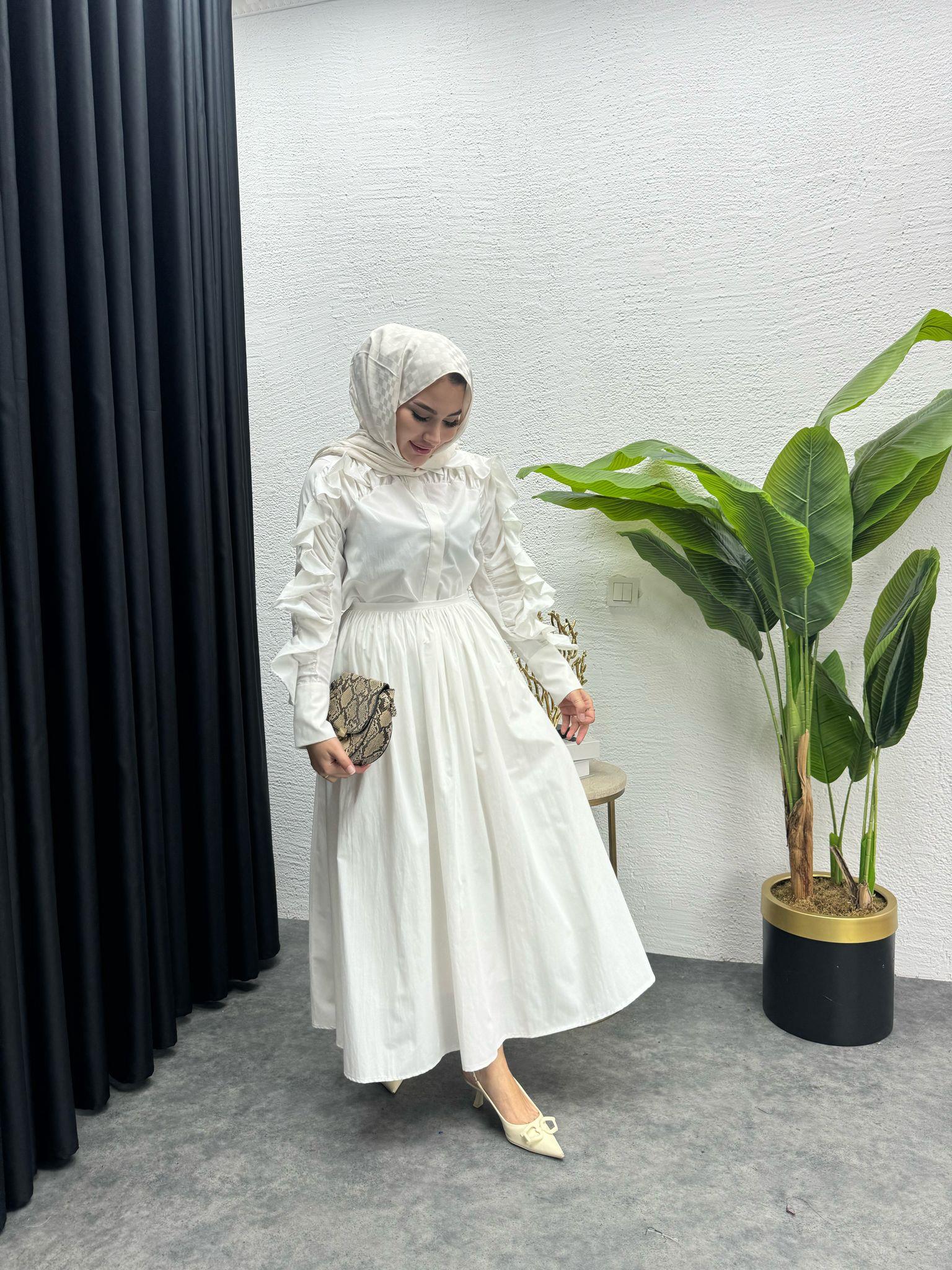 Shoulder Ruffled Poplin Skirt Set White