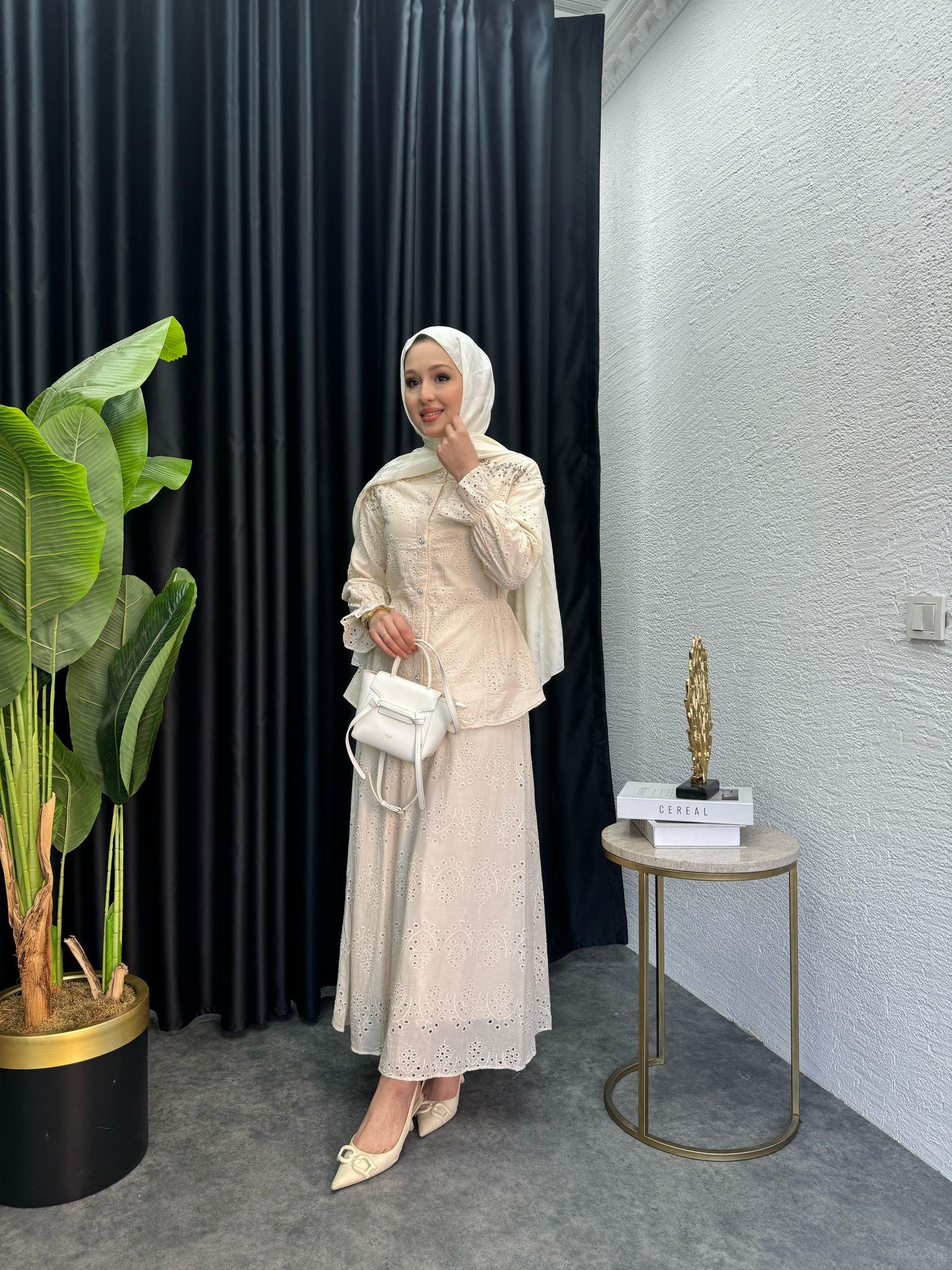 Premium Shoulder  Beige Embroidered Eyelet Skirt Set Beige