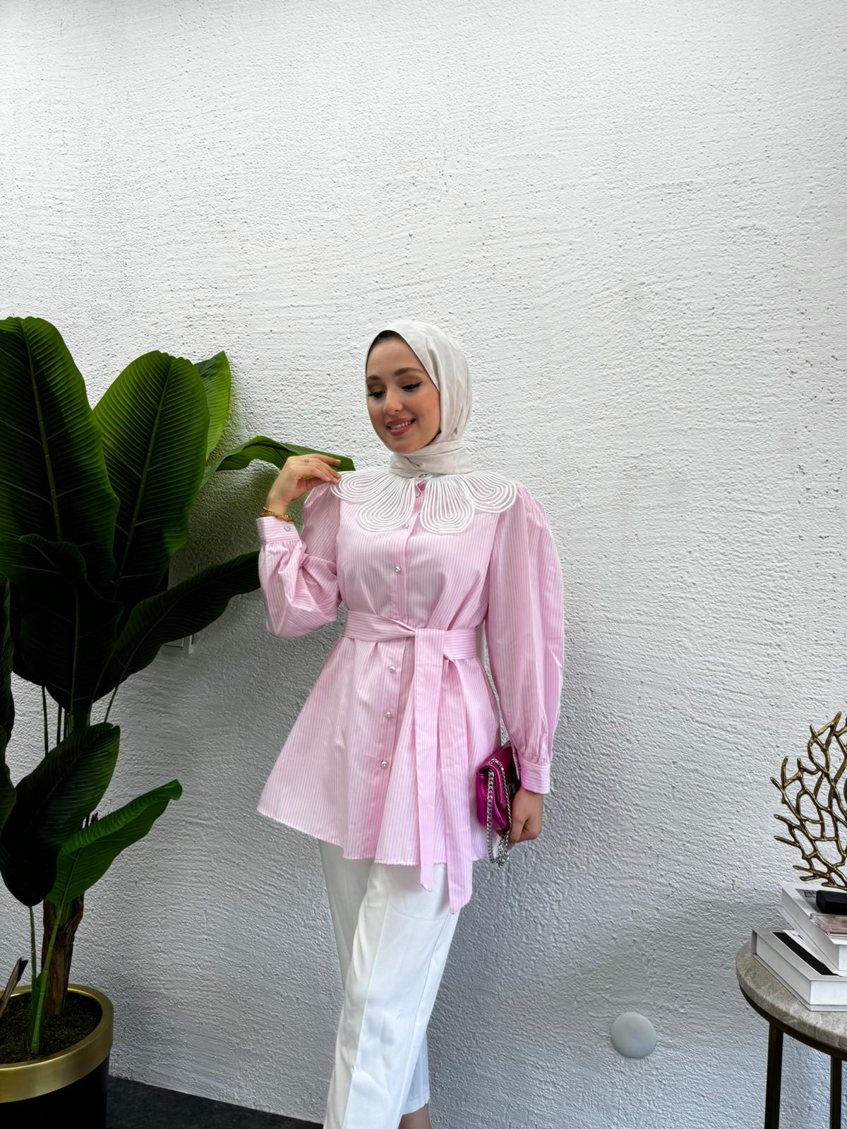 MEYSADESIGN GÖMLEK Çiçek Yakalı Çizgili Gömlek Pembe