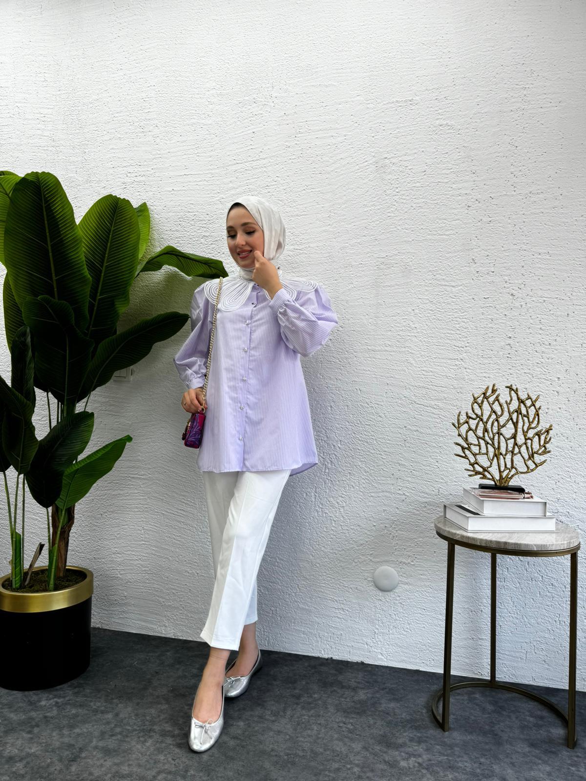 MEYSADESIGN GÖMLEK Çiçek Yakalı Çizgili Gömlek Lila