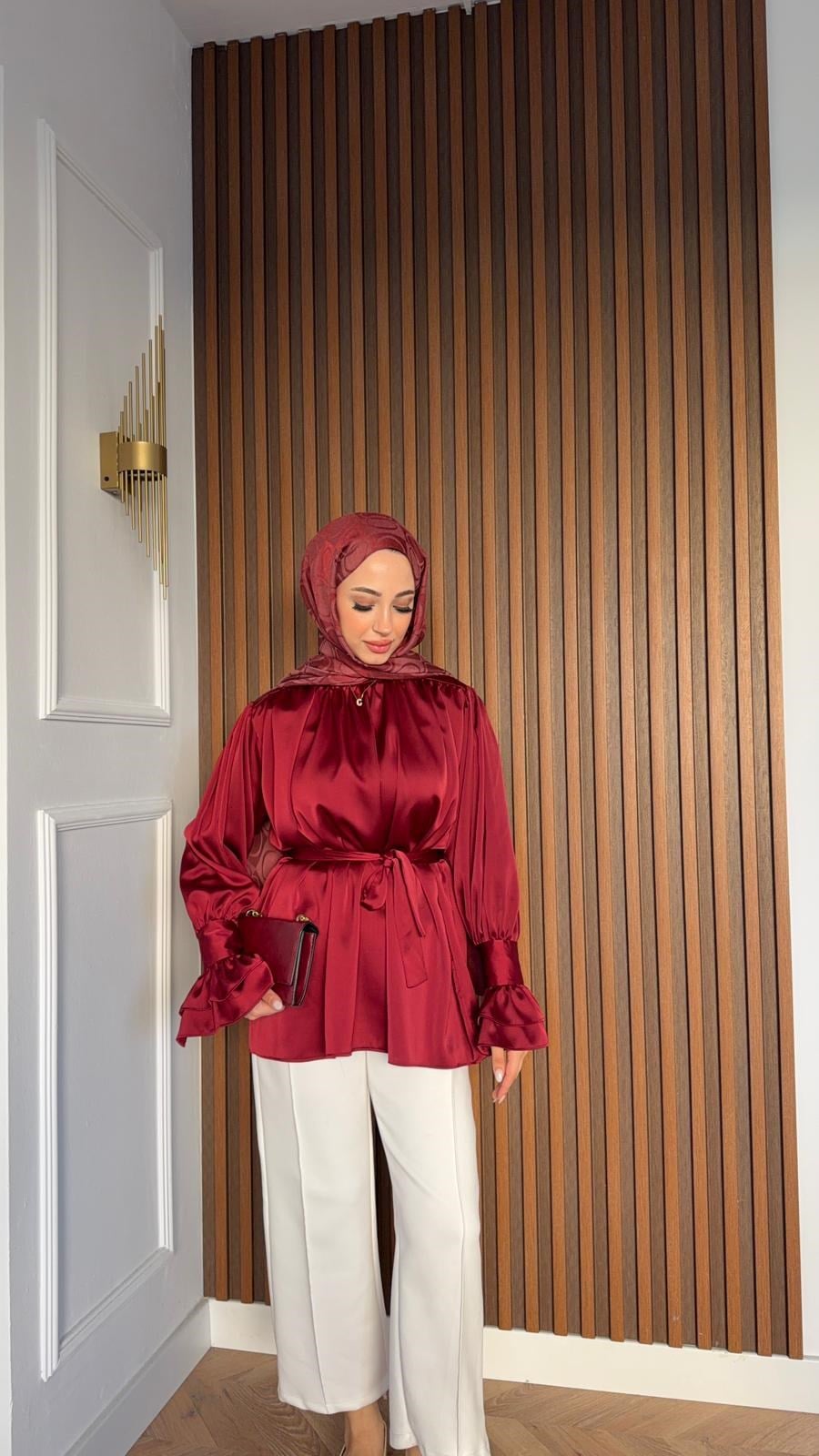 MEYSADESIGN SHIRTS Kol Ucu Büzgülü Saten Gömlek Bordo