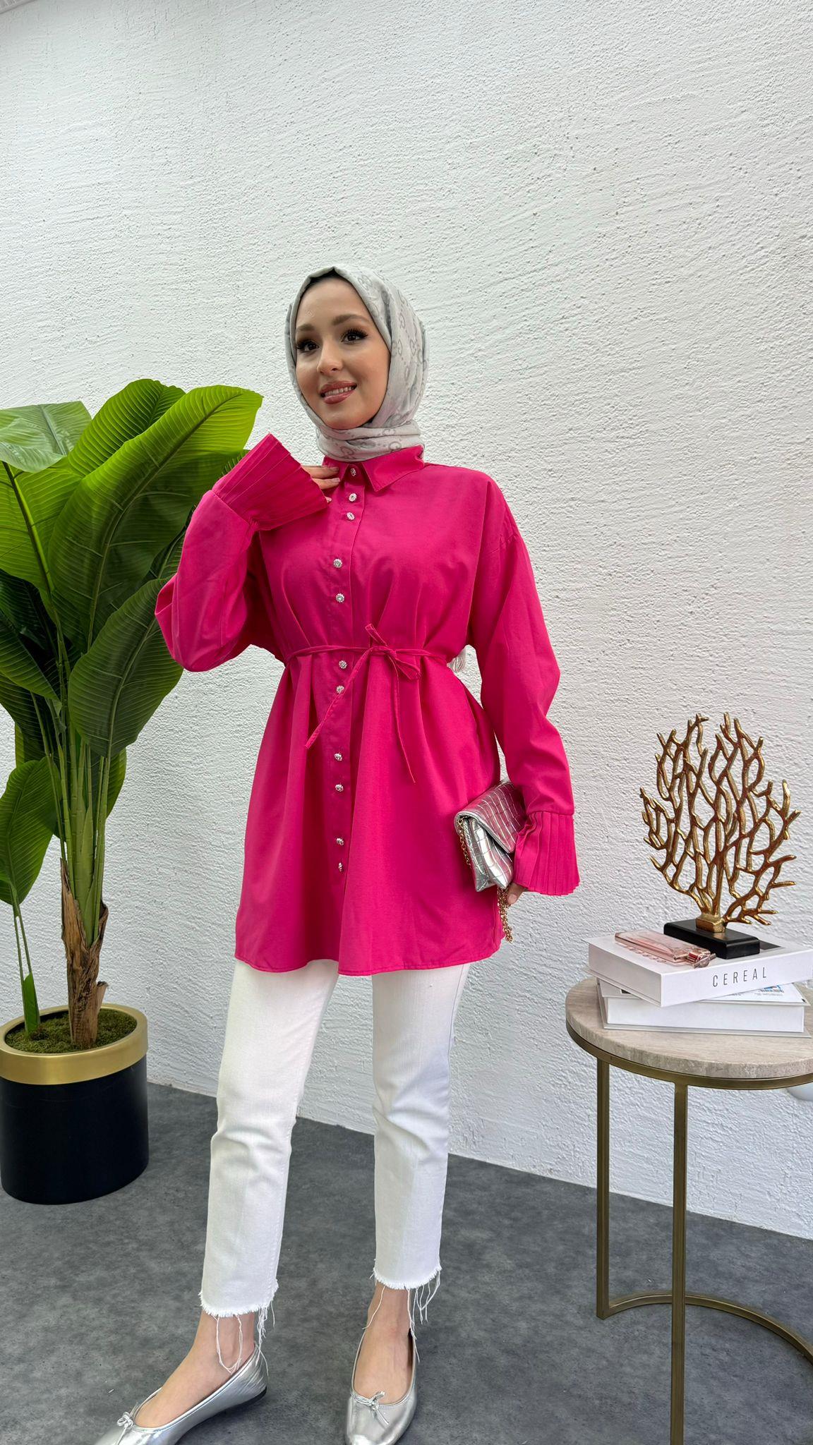 MEYSADESIGN GÖMLEK Kolu Pileli Poplin Gömlek Fuşya