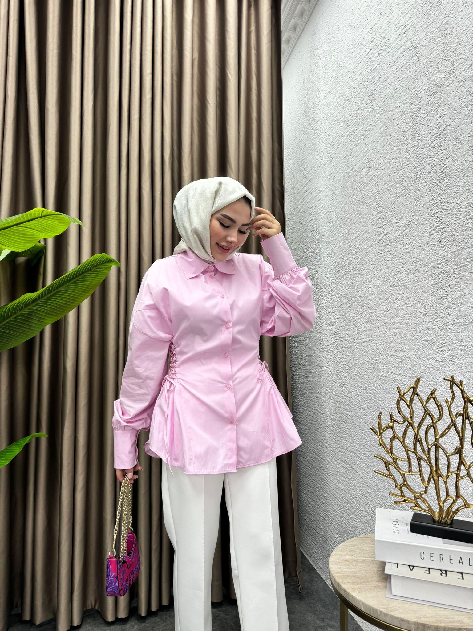 Sofya İp Detail Poplin Shirt Pink