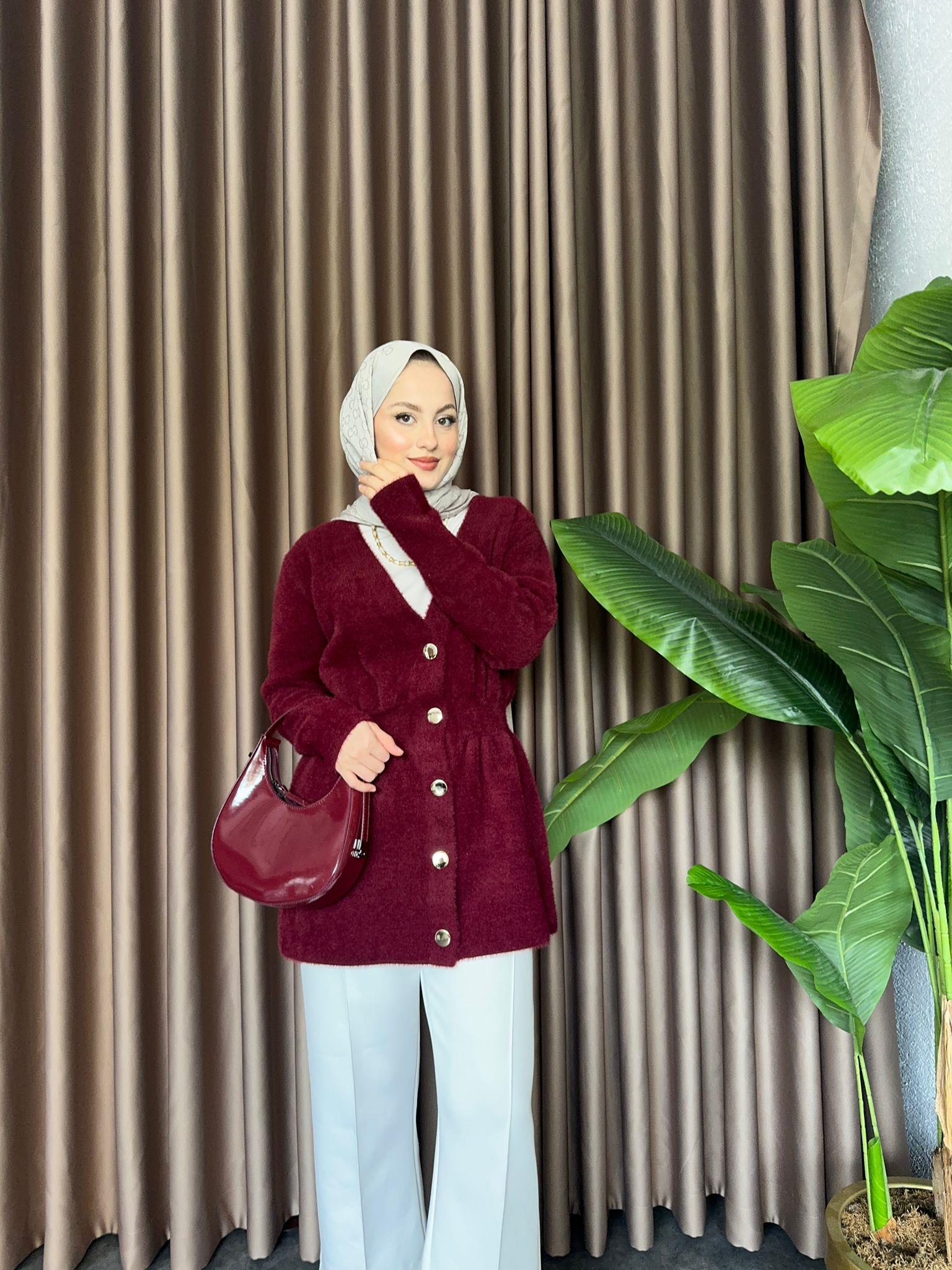Shirred Gold Buttoned Angora Cardigan Burgundy