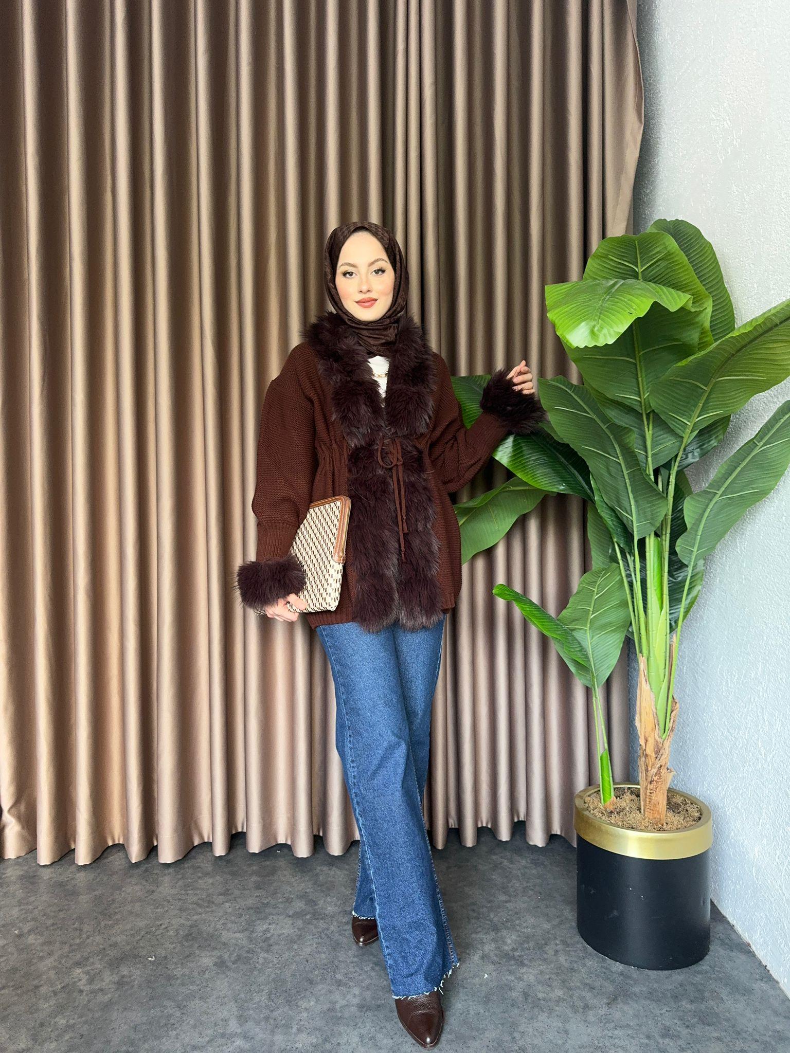 MEYSADESIGN HIRKA Monro Kürk Detaylı Hırka Acı Kahve