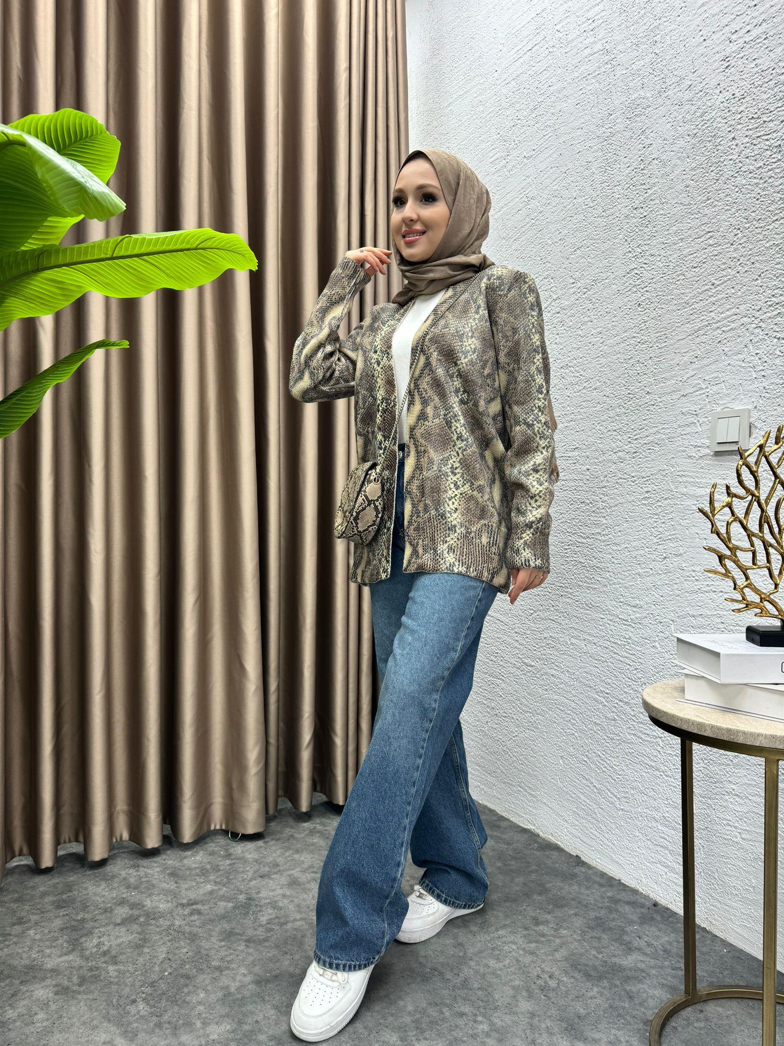 MEYSADESIGN HIRKA Varaklı Triko Hırka Kahve Yılan Desen