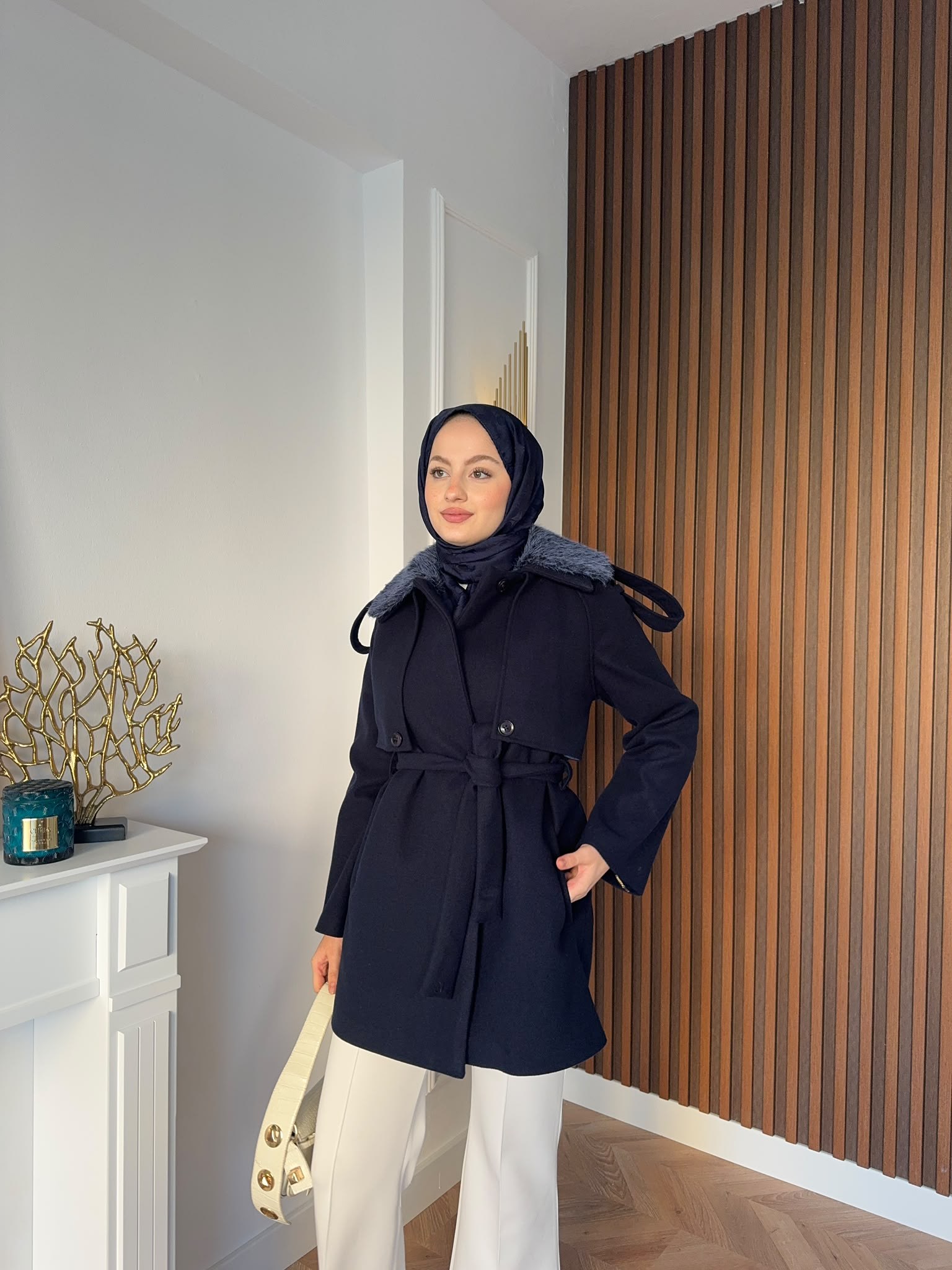 MEYSADESIGN KABAN Kürk Yakalı Kaşe Kaban Lacivert
