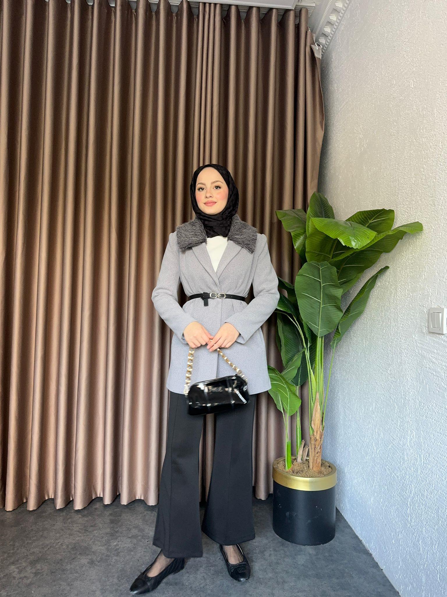 Premium Fur Collar Belted Stamp Coat Grey