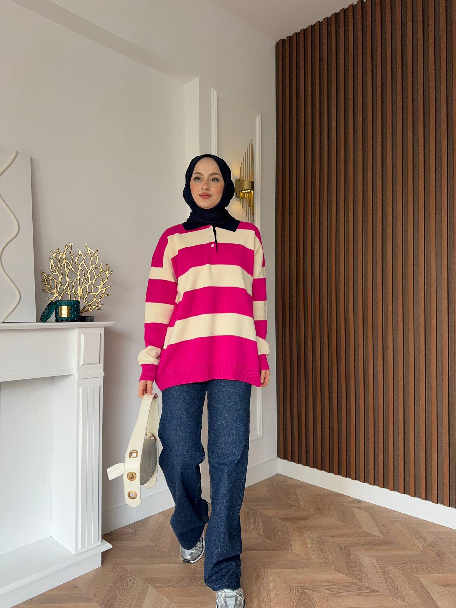 Striped Patterned Knitted Sweater Fuchsia
