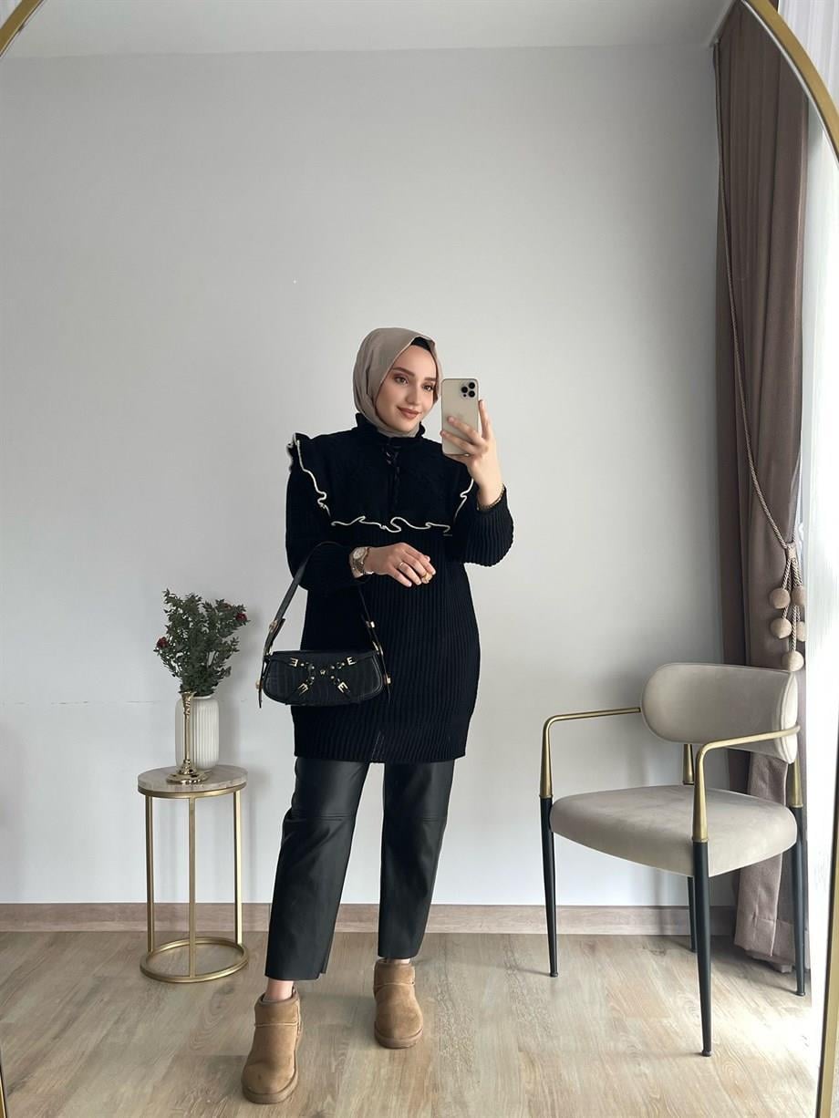 MEYSADESIGN KAZAK Fırfırlı Fiyonklu Triko Kazak Siyah