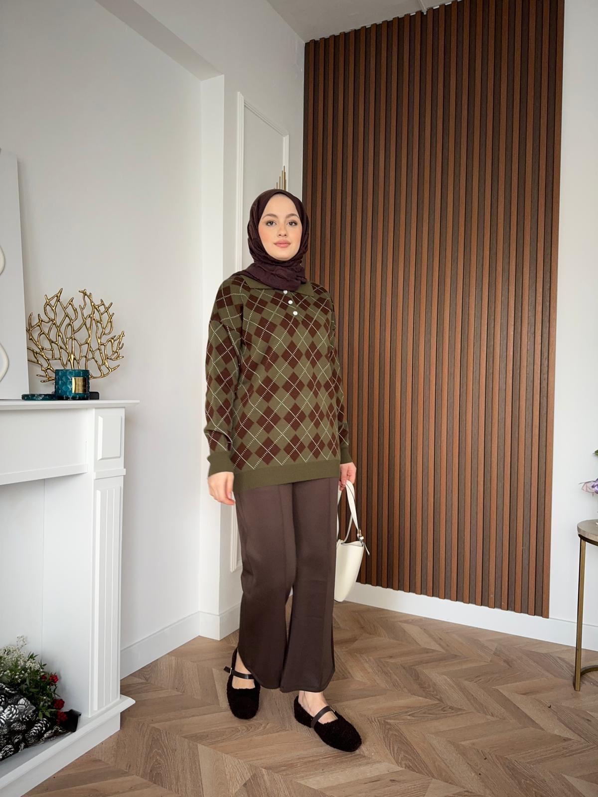 Plaid Patterned Knitted Sweater Khaki