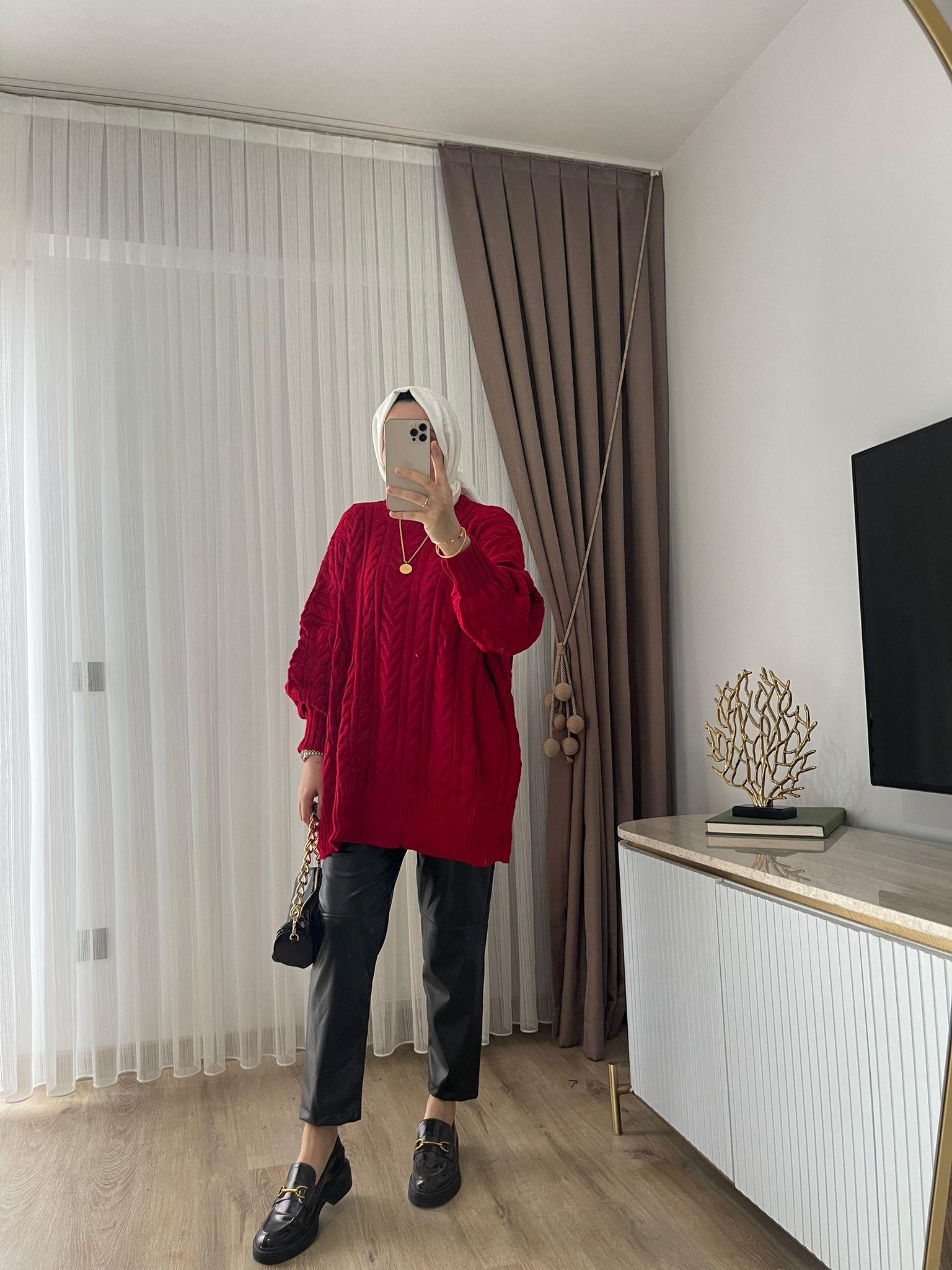 MEYSADESIGN KAZAK Örgü Desen Triko Kazak Kırmızı