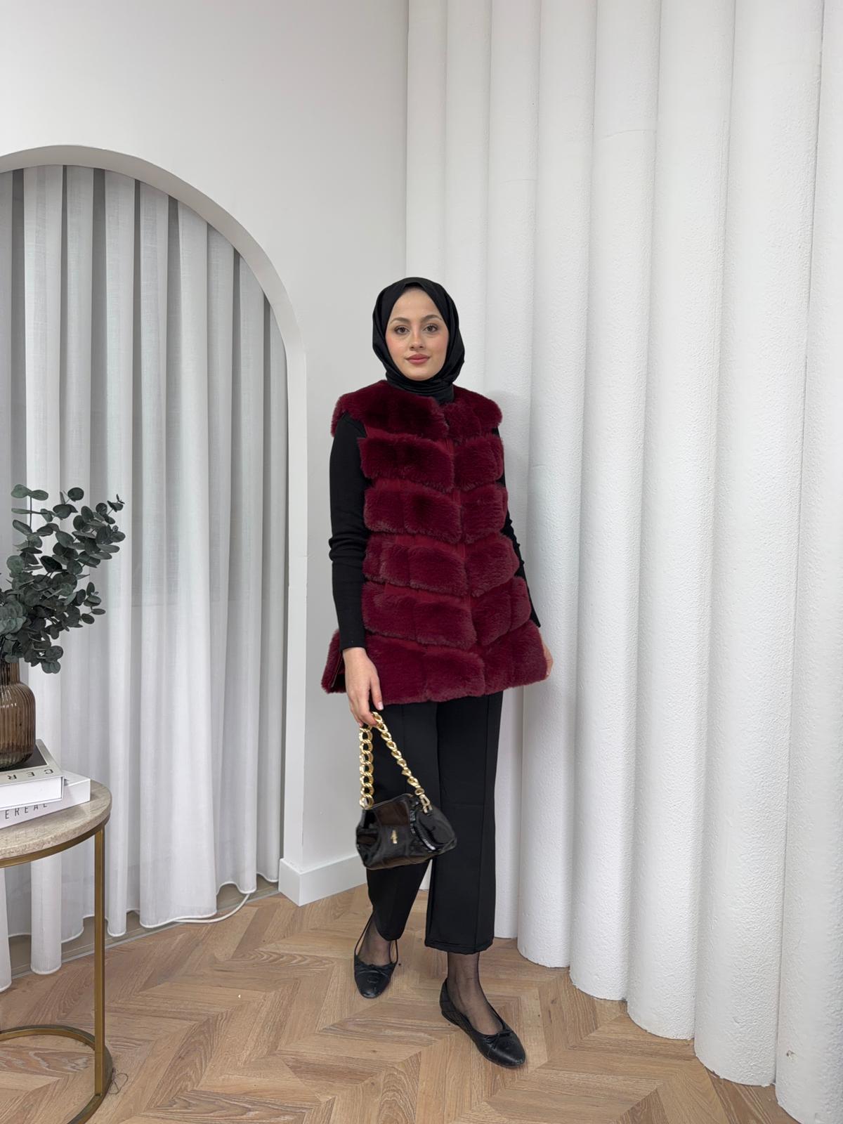 Dubai Kürklü Yelek Bordo