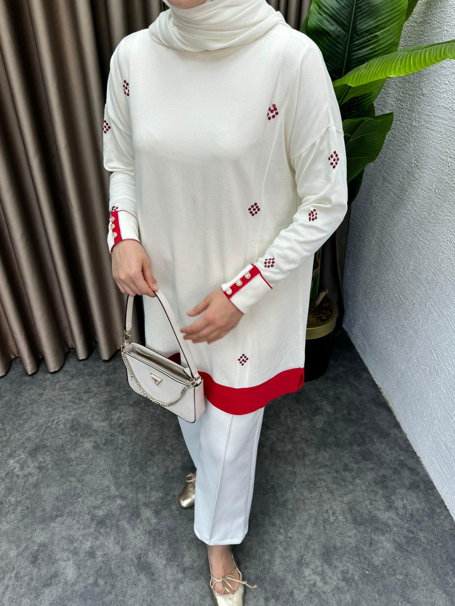 Dual Color Embellished Merserized Tunic Red