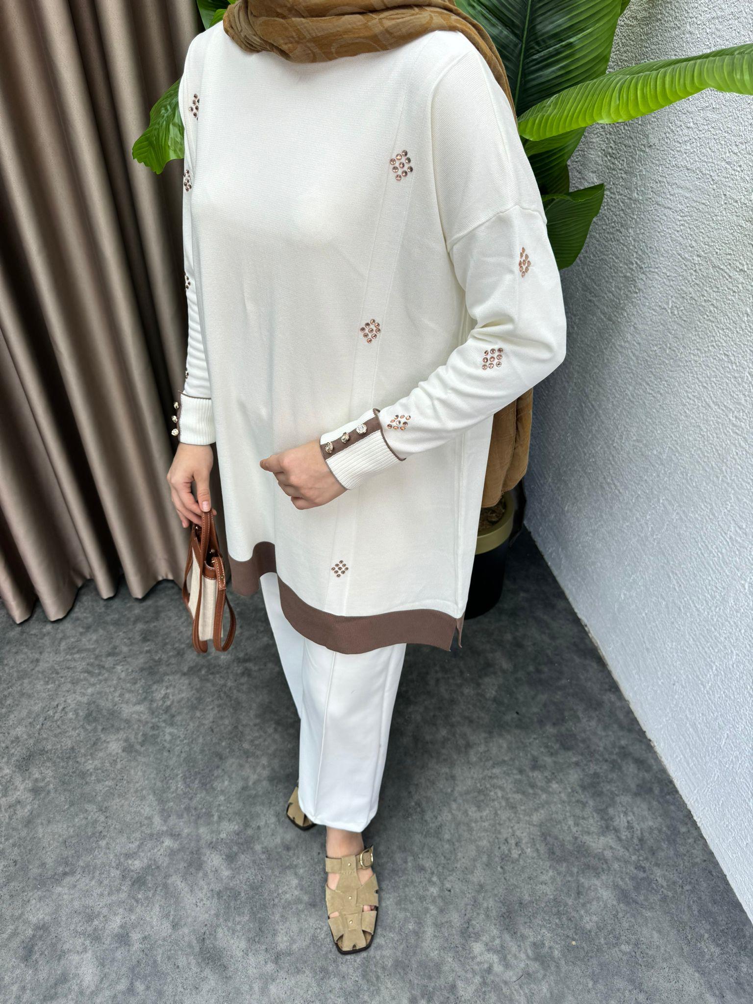 Dual Color Embellished Merserized Tunic Brown