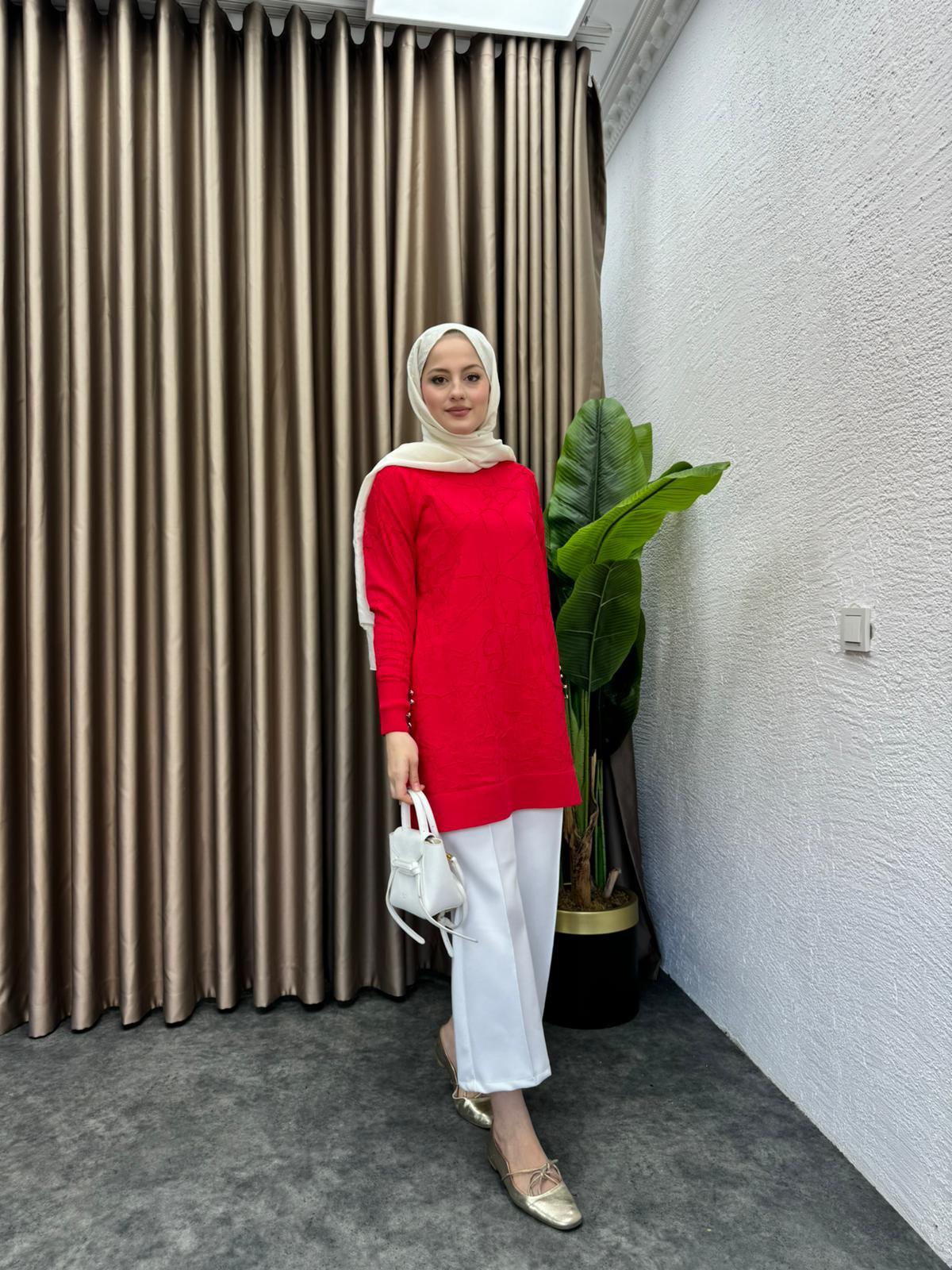 Patterned Merserized Tunic Red