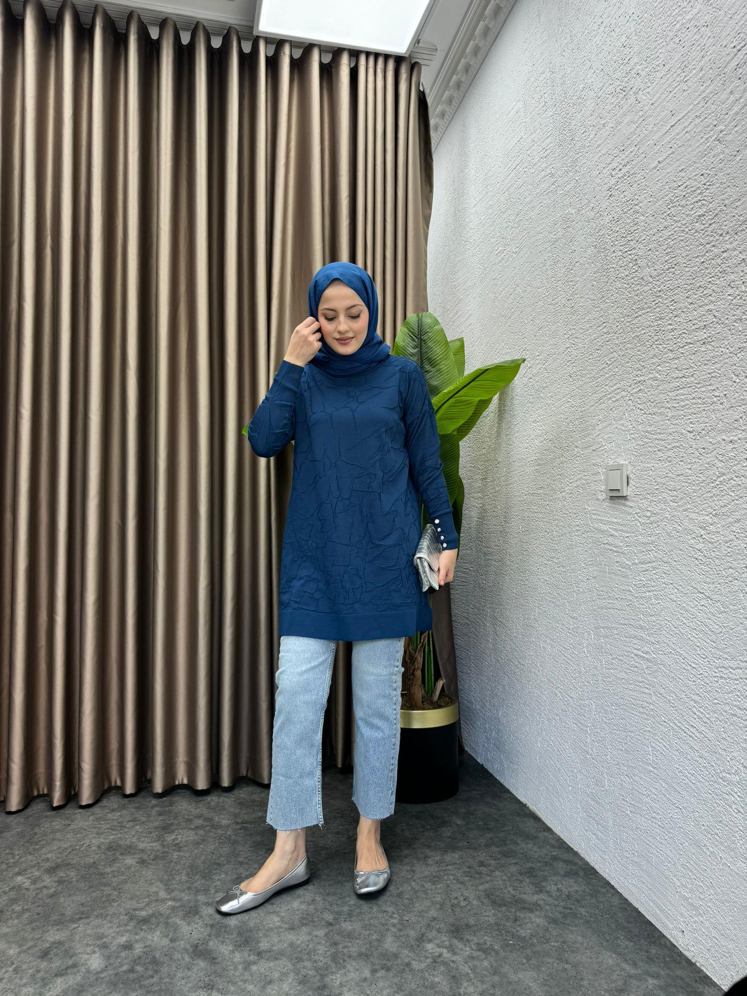 Patterned Merserized Tunic Petrol Blue