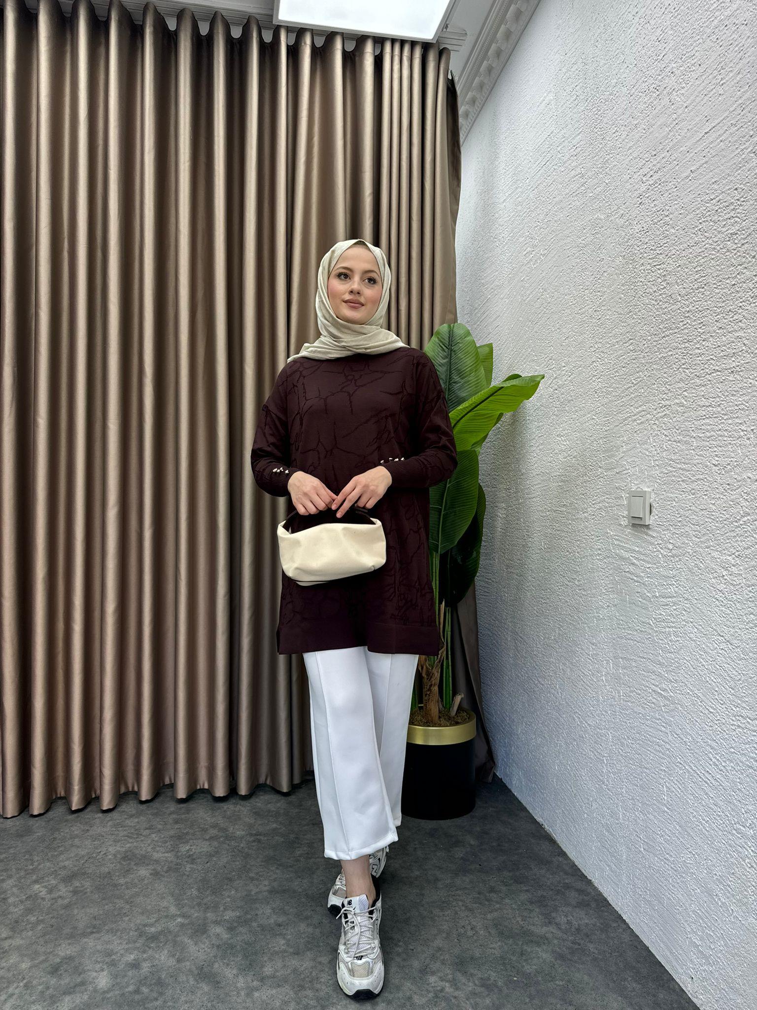 Patterned Merserized Tunic Brown