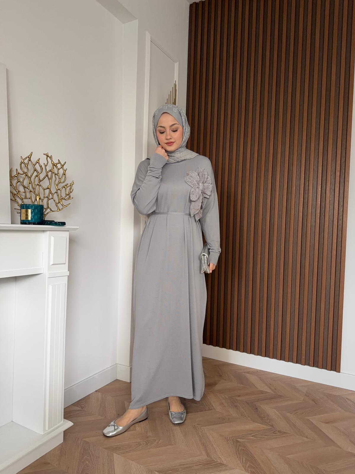 İdil Floral Merserized Dress Grey
