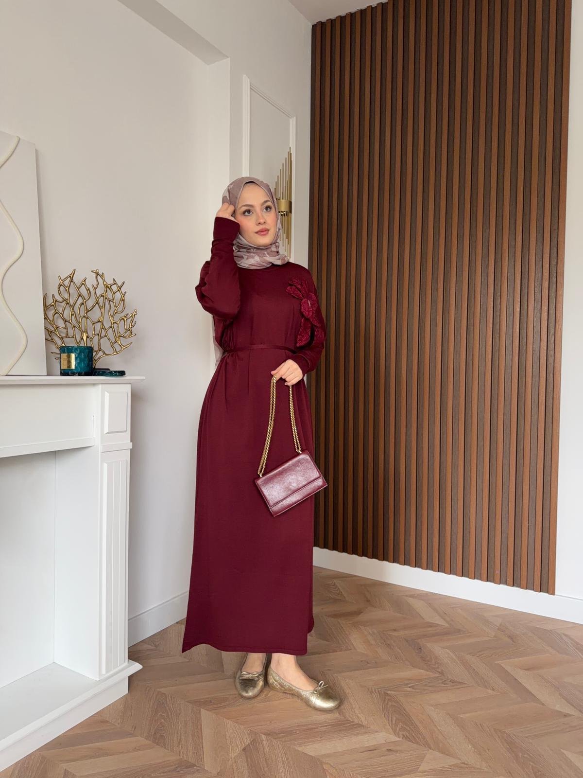 İdil Floral Merserized Dress Burgundy