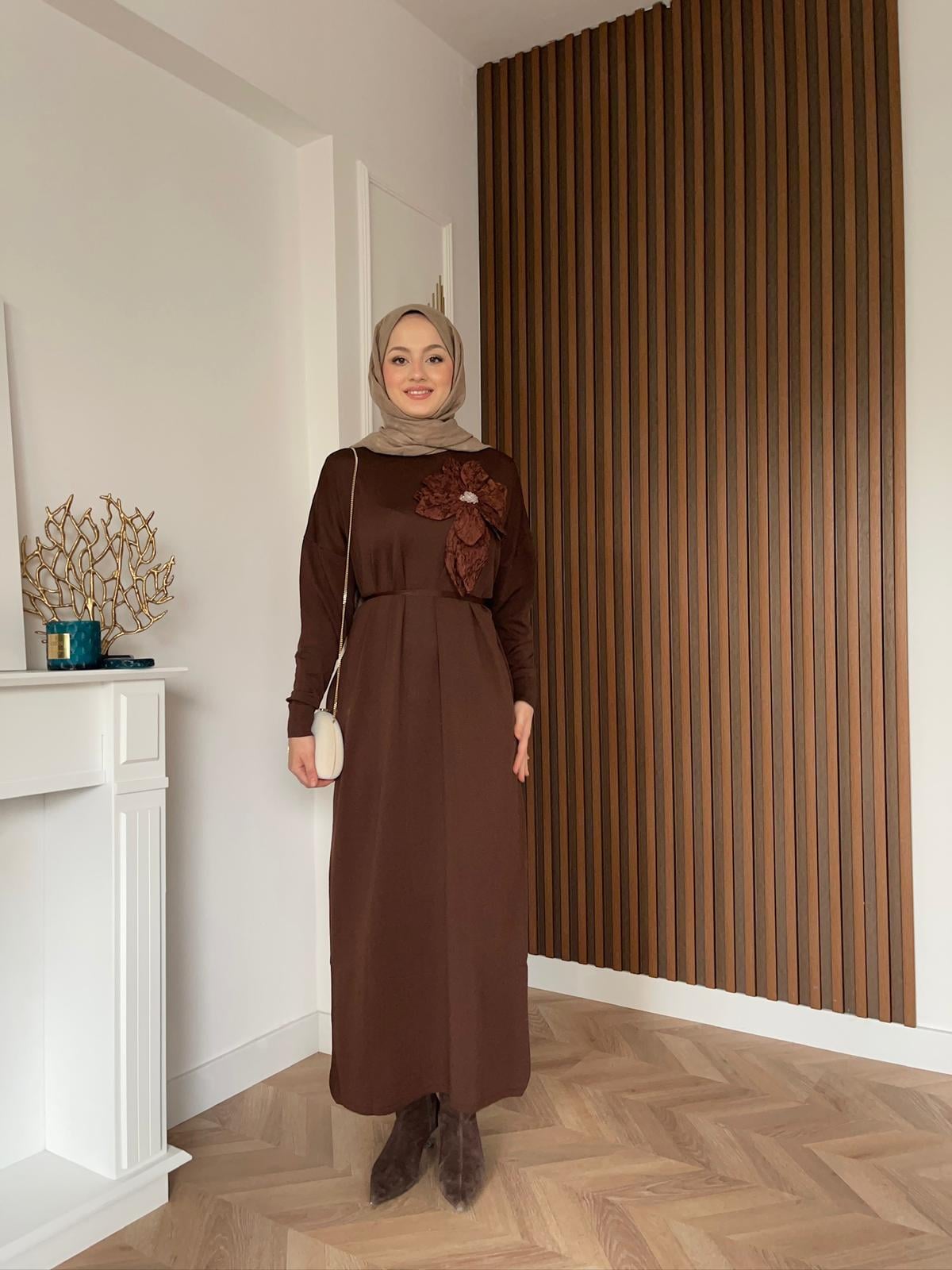 İdil Floral Merserized Dress Brown