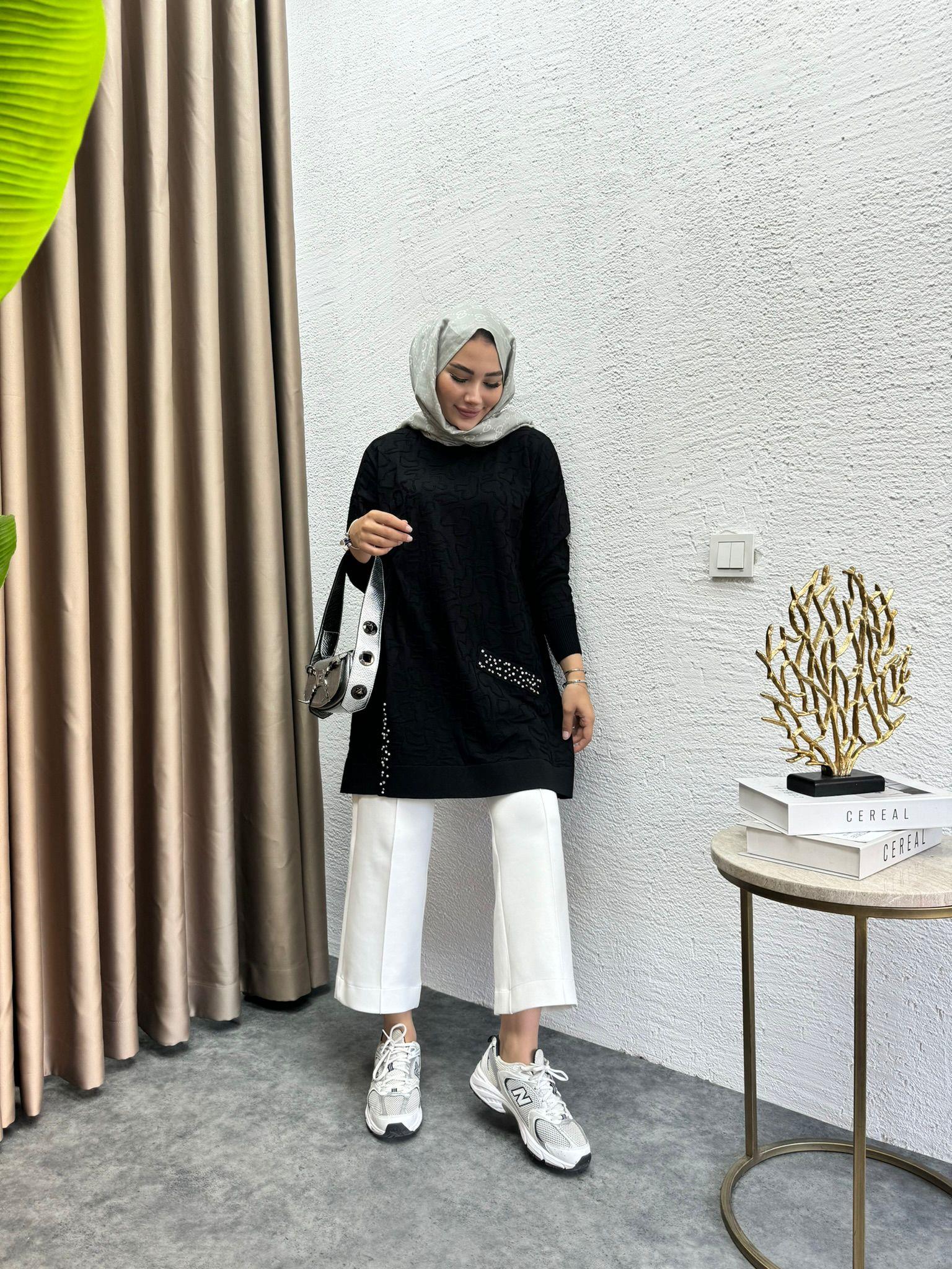 Pearl Embroidered Merserized Tunic Black