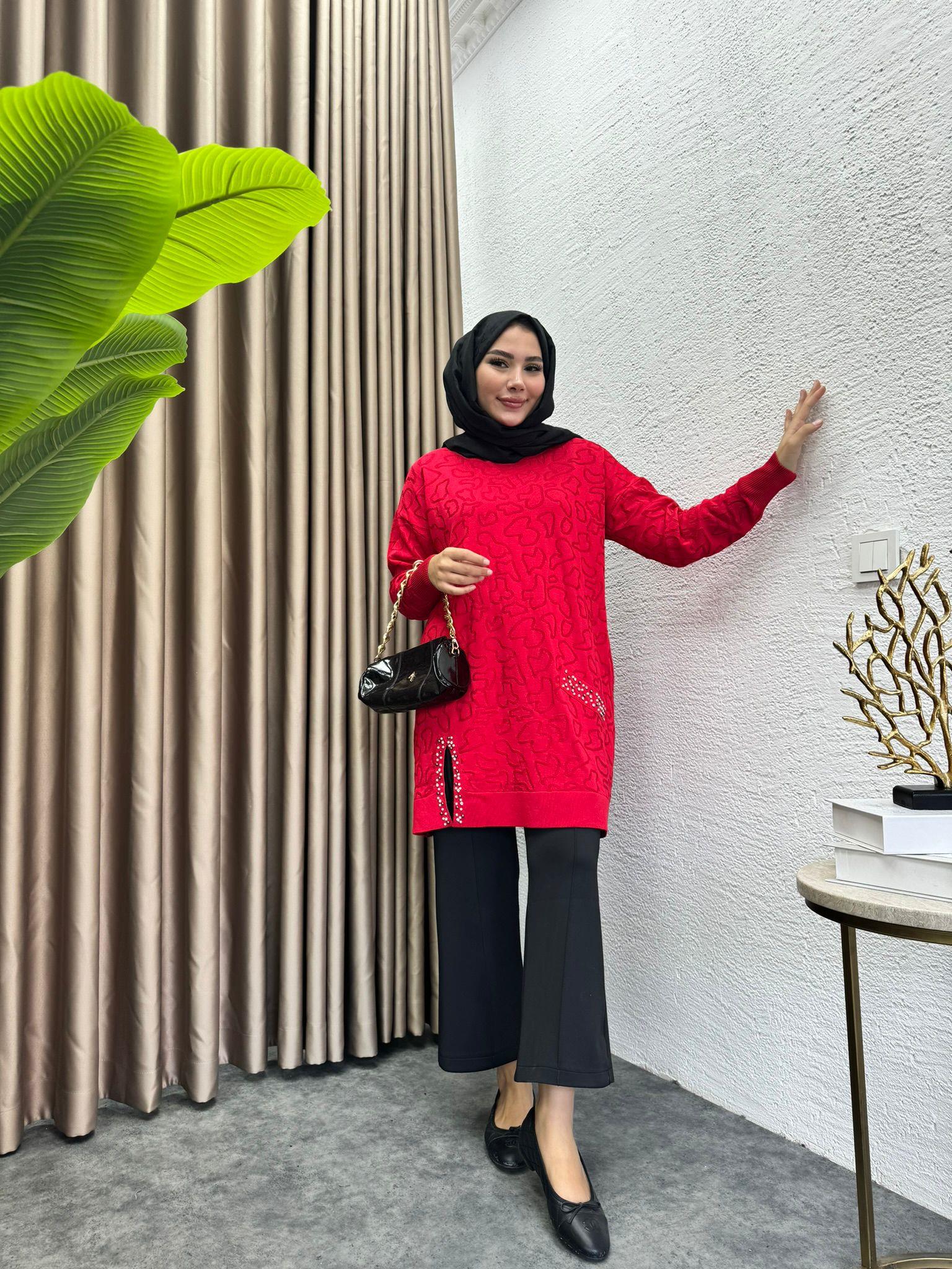 Pearl Embroidered Merserized Tunic Red