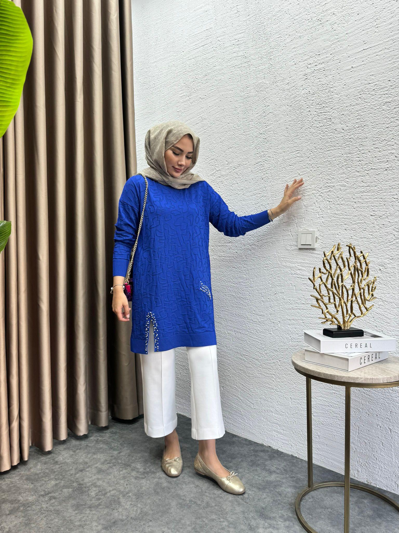 Pearl Embroidered Merserized Tunic Saks Blue