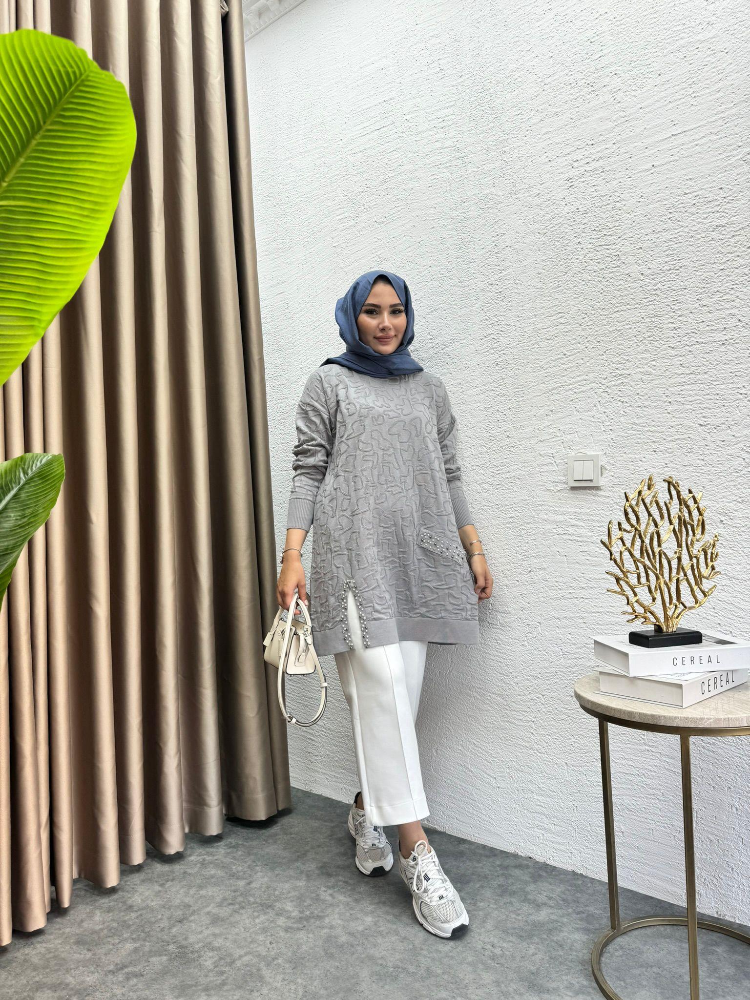 Pearl Embroidered Merserized Tunic Grey