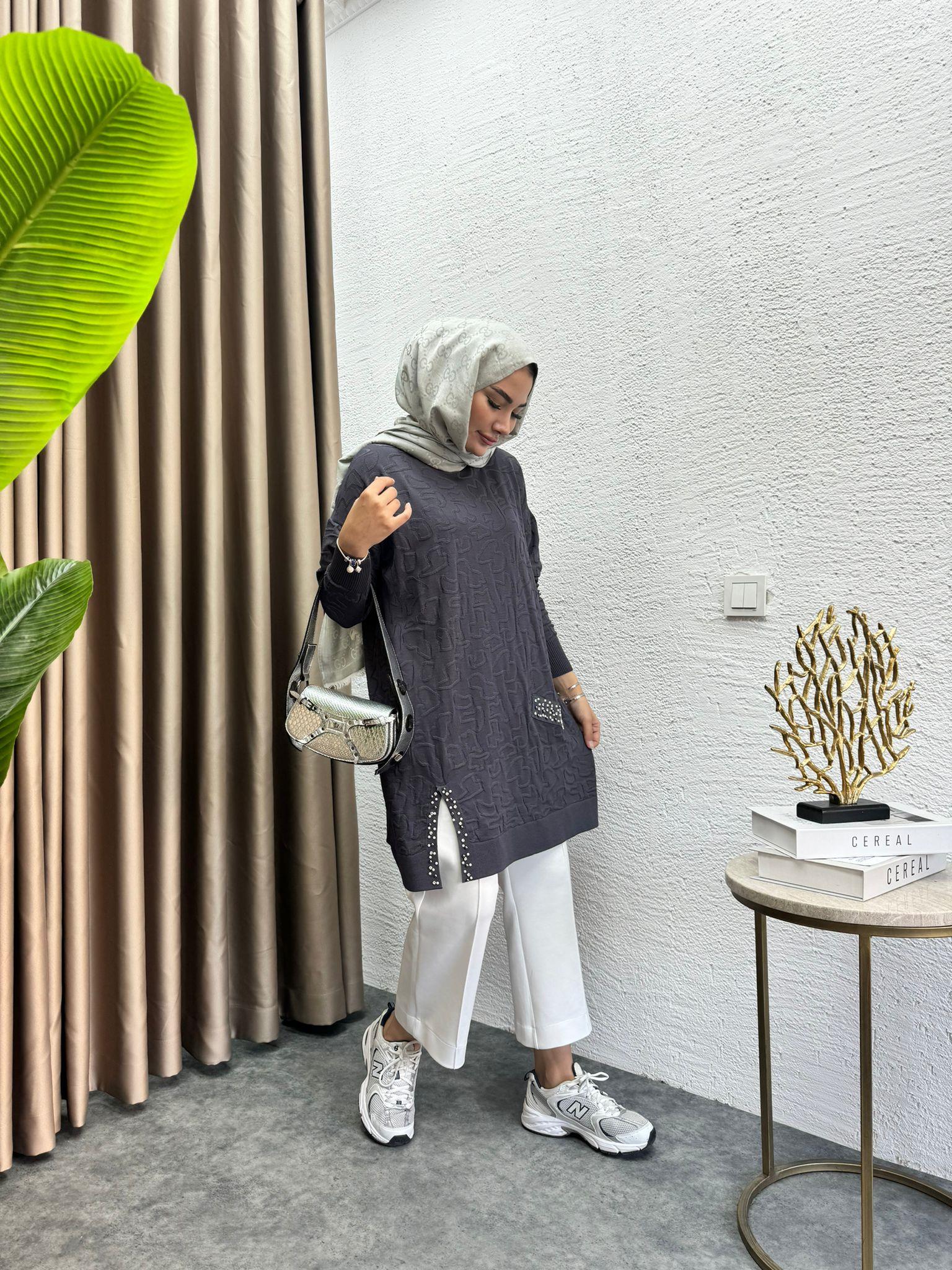 Pearl Embroidered Merserized Tunic Anthracite