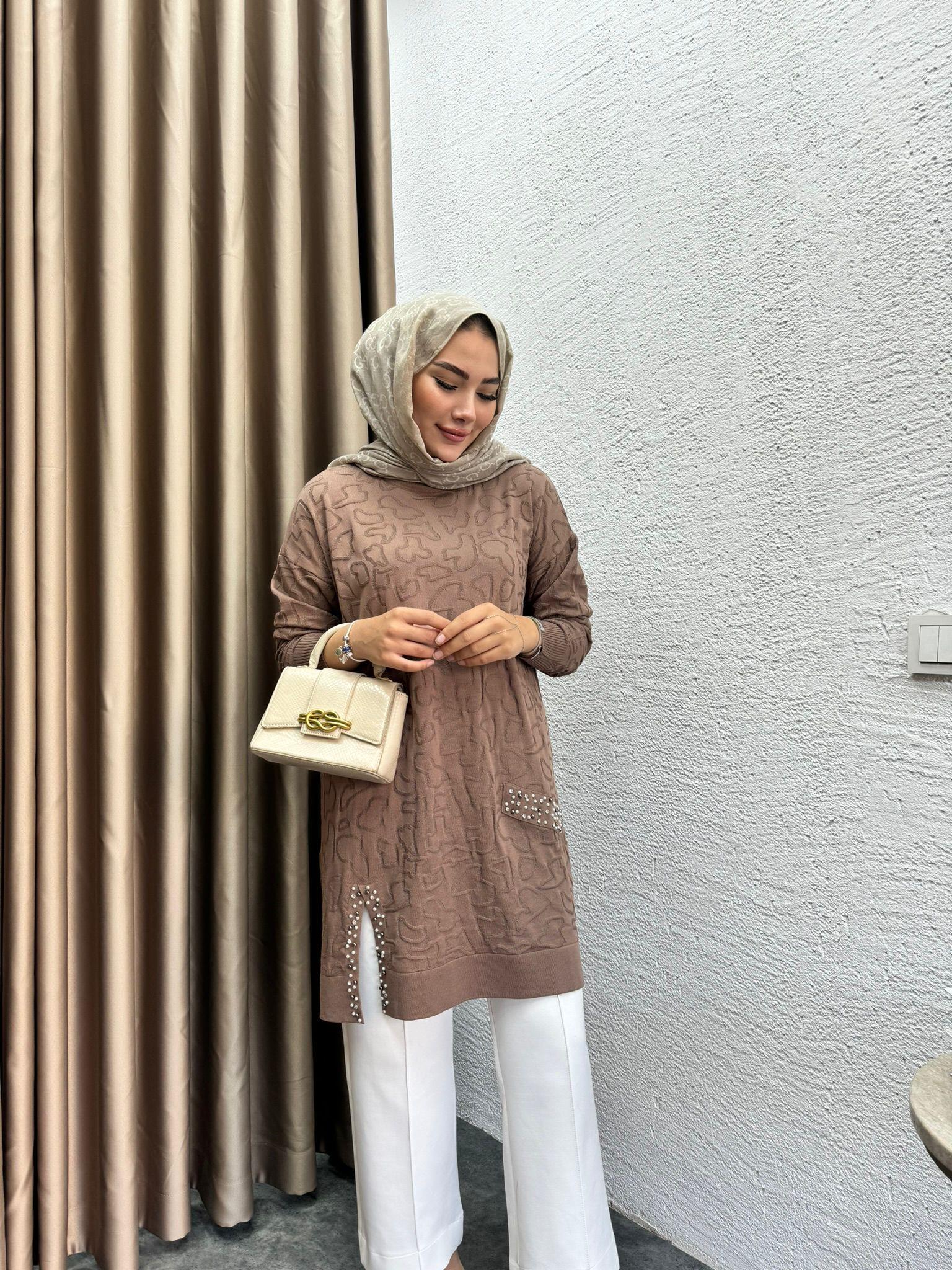 Pearl Embroidered Merserized Tunic Brown